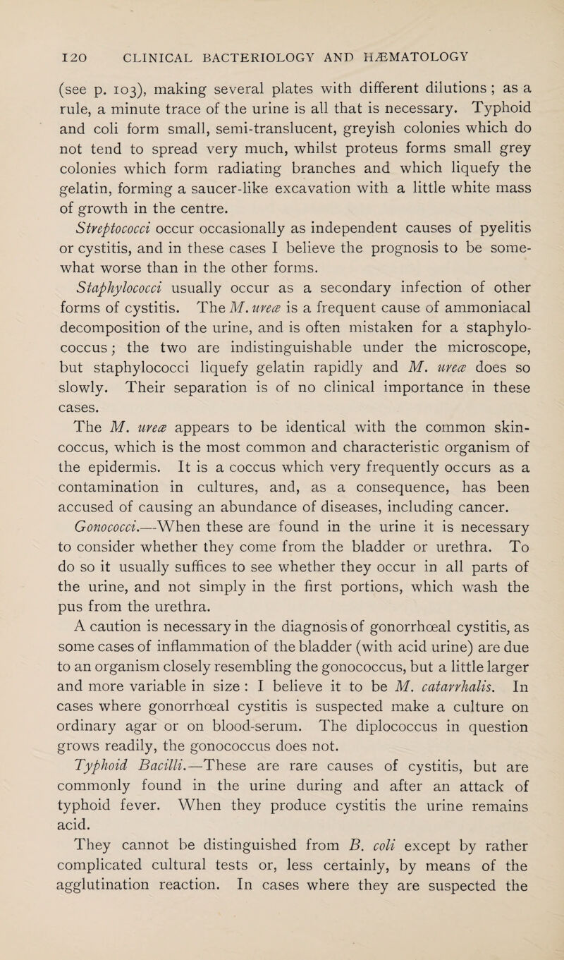 (see p. 103), making several plates with different dilutions ; as a rule, a minute trace of the urine is all that is necessary. Typhoid and coli form small, semi-translucent, greyish colonies which do not tend to spread very much, whilst proteus forms small grey colonies which form radiating branches and which liquefy the gelatin, forming a saucer-like excavation with a little white mass of growth in the centre. Streptococci occur occasionally as independent causes of pyelitis or cystitis, and in these cases I believe the prognosis to be some¬ what worse than in the other forms. Staphylococci usually occur as a secondary infection of other forms of cystitis. The M. urea is a frequent cause of ammoniacal decomposition of the urine, and is often mistaken for a staphylo¬ coccus ; the two are indistinguishable under the microscope, but staphylococci liquefy gelatin rapidly and M. urea does so slowly. Their separation is of no clinical importance in these cases. The M. urea appears to be identical with the common skin- coccus, which is the most common and characteristic organism of the epidermis. It is a coccus which very frequently occurs as a contamination in cultures, and, as a consequence, has been accused of causing an abundance of diseases, including cancer. Gonococci.—When these are found in the urine it is necessary to consider whether they come from the bladder or urethra. To do so it usually suffices to see whether they occur in all parts of the urine, and not simply in the first portions, which wash the pus from the urethra. A caution is necessary in the diagnosis of gonorrhoeal cystitis, as some cases of inflammation of the bladder (with acid urine) are due to an organism closely resembling the gonococcus, but a little larger and more variable in size : I believe it to be M. catarrhalis. In cases where gonorrhoeal cystitis is suspected make a culture on ordinary agar or on blood-serum. The diplococcus in question grows readily, the gonococcus does not. Typhoid Bacilli.—These are rare causes of cystitis, but are commonly found in the urine during and after an attack of typhoid fever. When they produce cystitis the urine remains acid. They cannot be distinguished from B. coli except by rather complicated cultural tests or, less certainly, by means of the agglutination reaction. In cases where they are suspected the