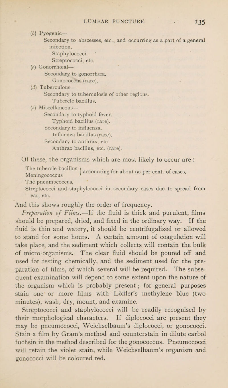 (b) Pyogenic— Secondary to abscesses, etc., and occurring as a part of a general infection. Staphylococci. Streptococci, etc. (r) Gonorrhoeal— Secondary to gonorrhoea. Gonococcus (rare). (d) Tuberculous — Secondary to tuberculosis of other regions. Tubercle bacillus. (e) Miscellaneous— Secondary to typhoid fever. Typhoid bacillus (rare). Secondary to influenza. Influenza bacillus (rare). Secondary to anthrax, etc. Anthrax bacillus, etc. (rare). Of these, the organisms which are most likely to occur are : The tubercle bacillus ) . r . f , T 1 accounting tor about 90 per cent, ot cases. Meningococcus J The pneumococcus. Streptococci and staphylococci in secondary cases due to spread from ear, etc. And this shows roughly the order of frequency. Preparation of Films.—If the fluid is thick and purulent, films should be prepared, dried, and fixed in the ordinary way. If the fluid is thin and watery, it should be centrifugalized or allowed to stand for some hours. A certain amount of coagulation will take place, and the sediment which collects will contain the bulk of micro-organisms. The clear fluid should be poured off and used for testing chemically, and the sediment used for the pre¬ paration of films, of which several will be required. The subse¬ quent examination will depend to some extent upon the nature of the organism which is probably present; for general purposes stain one or more films with Loffler’s methylene blue (two minutes), wash, dry, mount, and examine. Streptococci and staphylococci will be readily recognised by their morphological characters. If diplococci are present they may be pneumococci, Weichselbaum’s diplococci, or gonococci. Stain a film by Gram’s method and counterstain in dilute carbol fuchsin in the method described for the gonococcus. Pneumococci will retain the violet stain, while Weichselbaum’s organism and gonococci will be coloured red.