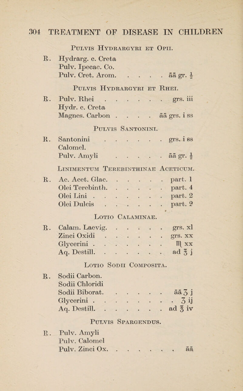 Pulvis Hydrargyei et Opii. R. Hydrarg. c. Creta Pulv. Ipecac. Co. Pulv. Cret. Arom. . . . . aa gr. | Pulvis Hydrargyri et Rhei. R. Pulv. Rhei.grs. iii Hydr. c. Creta Magnes. Carbon . . . . aa grs. i ss Pulvis Santonini. R. Santonini .grs. i ss Calomel. Pulv. Amyli .aa gr. \ LlNIMENTUM TeREBUSTTHINAE ACETICUM. R. Ac. Acet. Glac.part. 1 Olei Terebinth.part. 4 Olei Lini ....... part. 2 Olei Dulcis.part. 2 Lotio Calaminae. R. Calam. Laevig.grs. xl Zinci Oxidi.grs. xx Glycerini.H\ xx Aq. Destill.ad § j Lotio Sodii Composita. R. Sodii Carbon. Sodii Chloridi Sodii Biborat.aa 3 j Glycerini.3 b Aq. Destill.ad § iv Pulvis Spargendus. R. Pulv. Amyli Pulv. Calomel Pulv. Zinci Ox.aa