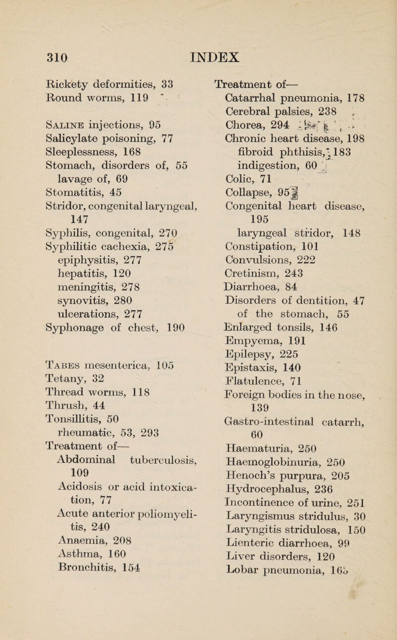Rickety deformities, 33 Round worms, 119 Saline injections, 95 Salicylate poisoning, 77 Sleeplessness, 168 Stomach, disorders of, 55 lavage of, 69 Stomatitis, 45 Stridor, congenital laryngeal, 147 Syphilis, congenital, 270 Syphilitic cachexia, 275 epiphysitis, 277 hepatitis, 120 meningitis, 278 synovitis, 280 ulcerations, 277 Syphonage of chest, 190 Tabes mesenterica, 105 Tetany, 32 Thread worms, 118 Thrush, 44 Tonsillitis, 50 rheumatic, 53, 293 Treatment of— Abdominal tuberculosis, 109 Acidosis or acid intoxica¬ tion, 77 Acute anterior poliomyeli¬ tis, 240 Anaemia, 208 Asthma, 160 Bronchitis, 154 Treatment of— Catarrhal pneumonia, 178 Cerebral palsies, 238 Chorea, 294 | ' } . Chronic heart disease, 198 fibroid phthisis,; 183 indigestion, 60 Colic, 71 Collapse, 95 J Congenital heart disease, 195 laryngeal stridor, 148 Constipation, 101 Convulsions, 222 Cretinism, 243 Diarrhoea, 84 Disorders of dentition, 47 of the stomach, 55 Enlarged tonsils, 146 Empyema, 191 Epilepsy, 225 Epistaxis, 140 Flatulence, 71 Foreign bodies in the nose, 139 Gastro-intestinal catarrh, 60 Haematuria, 250 Haemoglobinuria, 250 Henoch’s purpura, 205 Hydrocephalus, 236 Incontinence of urine, 251 Laryngismus stridulus, 30 Laryngitis stridulosa, 150 Lienteric diarrhoea, 99 Liver disorders, 120 Lobar pneumonia, 163