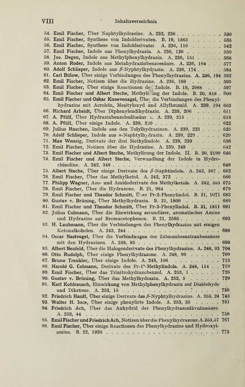 54. Emil Fischer, Über Naphtylhydrazine. A. 232, 236 . 530 55. Emil Fischer, Synthese von Indolderivaten. B. 19, 1563 . 535 56. Emil Fischer, Synthese von Indolderivatei A. 236, 116 . 542 57. Emil Fischer, Indole aus Phenylhydrazin. A. 236, 126 . 550 58. Jos. Degen, Indole aus Methylphenylhydrazin. A. 236, 151 . 568 59. Anton Roder, Indole aus Metahydrazinbenzoesäure. A. 236, 164 . . . 577 60. Adolf Schlieper, Indole aus /?-Nyphtylhydrazin. A. 236, 174 . 584 61. Carl Bülow, Über einige Verbindungen des Phenylhydrazins. A. 236, 194 592 62. Emil Fischer, Notizen über die Hydrazine. A. 236, 198 595 63. Emil Fischer, Über einige Reactionen de Indole. B. 19, 2988 . . . 597 64. Emil Fischer und Albert Steche, Methyli mg der Indole. B. 20, 818 . 600 65. Emil Fischer und Oskar Knoevenagel, Übe. die Verbindungen des Phenyl¬ hydrazins mit Acrolein, Mesityloxyd und Allylbromid. A. 239, 194 603 66. Richard Arheidt, Über Diphenylendihydrazin. A. 239, 206 . 611 67. A. Pfülf, Über Hydrazinbenzolsulfosäur i. A. 239, 215.618 68. A. Pfülf, Über einige Indole. A. 239, 220.622 69. Julius Raschen, Indole aus den Tolylhydrazinen. A. 239, 223 .... 625 70. Adolf Schlieper, Indole aus a-Naphtylhj drazin. A. 239, 229 . 629 71. Max Wenzig, Derivate der drei Methylindole. A. 239, 239 636 72. Emil Fischer, Notizen über die Hydrazine. A. 239, 248 . 642 73. Emil Fischer und Albert Steche, Methylirung der Indole. II. B. 20, 2199 646 74. Emil Fischer und Albert Steche, Verwandlung der Indole in Hydro- chinoline. A. 242, 348 . 649 75. Albert Steche, Über einige Derivate des ytf-Naphtindols. A. 242, 367 . 662 76. Emil Fischer, Über das Methylketol. A. 242, 372 666 77. Philipp Wagner, Azo- und Amidoderivate des Methylketols. A. 242, 383 675 78. Emil Fischer, Über die Hydrazone. B. 21, 984 . 679 79. Emil Fischer und Theodor Schmitt, Über Pr-2-Phenylindol. B. 21, 1071 683 80. Gustav v. Brüning, Über Methylhydrazin. B. 21, 1809 . 689 81. Emil Fischer und Theodor Schmitt, Über Pr-3-Phenylindol. B. 21, 1811 691 82. Julius Culmann, Über die Einwirkung secundärer, aromatischer Amine und Hydrazine auf Bromacetophenon. B. 21, 2595 . 693 83. H. Laubmann, Über die Verbindungen des Phenylhydrazins mit einigen Ketonalkoholen. A. 243, 244 . 696 84. Oscar Nastvogel, Über die Verbindungen der Dibrombrenztraubensäure mit den Hydrazinen. A. 248, 85 . 699 85. Albert Neufeld, Über die Halogenderivate des Phenylhydrazins. A. 248, 93 704 86. Otto Rudolph, Über einige Phenylhydrazone. A. 248, 99 . 709 87. Bruno Trenkler, Über einige Indole. A. 248, 106 ..713 88. Harold G. Colmann, Derivate des Pr-ln-Methylindols. A. 248, 114 . . 719 89. Emil Fischer, Über das Trinitrohydrazobenzol. A. 253, 1 . 726 90. Gustav v. Brüning, Über das Methylhydrazin. A. 253, 5 . 729 91. Karl Kohlrausch, Einwirkung von Methylphenylhydrazin auf Dialdehyde und Diketone. A. 253, 15 ..v.736 92. Friedrich Hauff, Über einige Derivate des /f-Nyphtylhydrazins. A. 253, 24 743 93. Walter H. Ince, Über einige phenylirte Indole. A. 253, 35 . 751 94. Friedrich Ach, Über das Anhydrid der Phenylhydrazonlävulinsäure. A. 253, 44 . 758 95. Emil Fischer und Friedrich Ach, Notizen über die Phenylhydrazone. A. 253,57 767 96. Emil Fischer, Über einige Reactionen des Phenylhydrazins und Hydroxyl¬ amins. B. 22, 1930 .. 773