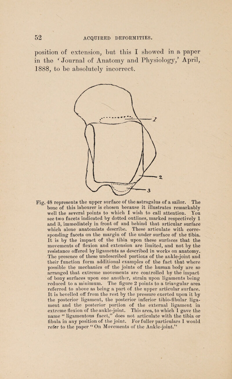 position of extension, but this I showed in a paper in the f Journal of Anatomy am 1888, to be absolutely incorrect. z Fig. 48 represents the upper surface of the astragalus of a sailor. The bone of this labourer is chosen because it illustrates remarkably well the several points to which I wish to call attention. You see two facets indicated by dotted outlines, marked respectively 1 and 3, immediately in front of and behind that articular surface which alone anatomists describe. These articulate with corre¬ sponding facets on the margin of the under surface of the tibia. It is by the impact of the tibia upon these surfaces that the movements of flexion and extension are limited, and not by the resistance offered by ligaments as described in works on anatomy. The presence of these undescribed portions of the ankle-joint and their function form additional examples of the fact that where possible the mechanics of the joints of the human body are so arranged that extreme movements are controlled by the impact of bony surfaces upon one another, strain upon ligaments being reduced to a minimum. The figure 2 points to a triangular area referred to above as being a part of the upper articular surface. It is bevelled off from the rest by the pressure exerted upon it by the posterior ligament, the posterior inferior tibio-fibular liga¬ ment and the posterior portion of the external ligament in extreme flexion of the ankle-joint. This area, to which I gave the name “ ligamentous facet,” does not articulate with the tibia or fibula in any position of the joint. For fuller particulars I would refer to the paper “On Movements of the Ankle-joint.”