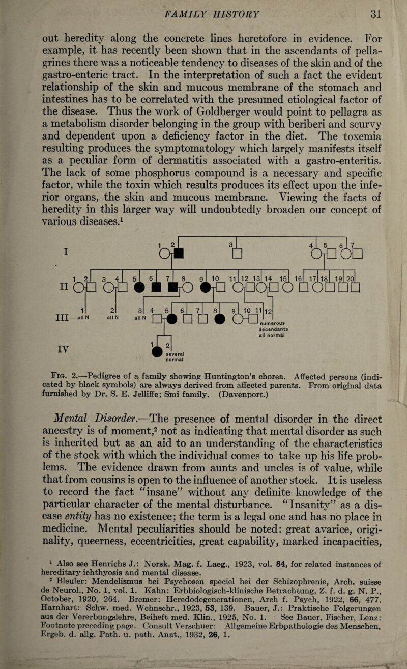 out heredity along the concrete lines heretofore in evidence. For example, it has recently been shown that in the ascendants of pella- grines there was a noticeable tendency to diseases of the skin and of the gastro-enteric tract. In the interpretation of such a fact the evident relationship of the skin and mucous membrane of the stomach and intestines has to be correlated with the presumed etiological factor of the disease. Thus the work of Goldberger would point to pellagra as a metabolism disorder belonging in the group with beriberi and scurvy and dependent upon a deficiency factor in the diet. The toxemia resulting produces the symptomatology which largely manifests itself as a peculiar form of dermatitis associated with a gastro-enteritis. The lack of some phosphorus compound is a necessary and specific factor, while the toxin which results produces its effect upon the infe¬ rior organs, the skin and mucous membrane. Viewing the facts of heredity in this larger way will undoubtedly broaden our concept of various diseases.1 1 2 III all N all N all N IV bji 3 ftj- V 2 3 A Or 2 in -CO ijbJj 6 7 0 111 12 13 1 Of 6 81 91 10 11 1 4 15 1 1=0 2 6 17^18 19 20 numerous decendants all normal several normal Fig. 2.—Pedigree of a family showing Huntington’s chorea. Affected persons (indi¬ cated by black symbols) are always derived from affected parents. From original data furnished by Dr. S. E. Jelliffe; Smi family. (Davenport.) Mental Disorder.—The presence of mental disorder in the direct ancestry is of moment,2 not as indicating that mental disorder as such is inherited but as an aid to an understanding of the characteristics of the stock with which the individual comes to take up his life prob¬ lems. The evidence drawn from aunts and uncles is of value, while that from cousins is open to the influence of another stock. It is useless to record the fact “insane” without any definite knowledge of the particular character of the mental disturbance. “Insanity” as a dis¬ ease entity has no existence; the term is a legal one and has no place in medicine. Mental peculiarities should be noted: great avarice, origi¬ nality, queerness, eccentricities, great capability, marked incapacities, 1 Also see Henrichs J.: Norsk. Mag. f. Laeg., 1923, vol. 84, for related instances of hereditary ichthyosis and mental disease. 2 Bleuler: Mendelismus bei Psychosen speciel bei der Schizophrenie, Arch, suisse de Neurol., No. 1, vol. 1. Kahn: Erbbiologisch-klinische Betrachtung, Z. f. d. g. N. P., October, 1920, 264. Bremer: Heredodegenerationen, Arch f. Psych, 1922, 66, 477. Harnhart: Schw. med. Wchnschr., 1923, 53, 139. Bauer, J.: Praktische Folgerungen aus der Vererbungslehre, Beiheft med. Klin., 1925, No. 1. See Bauer, Fischer, Lenz: Footnote preceding page. Consult Verschuer: Allgemeine Erbpathologie des Menschen, Ergeb. d. allg. Path. u. path. Anat., 1932, 26, 1.