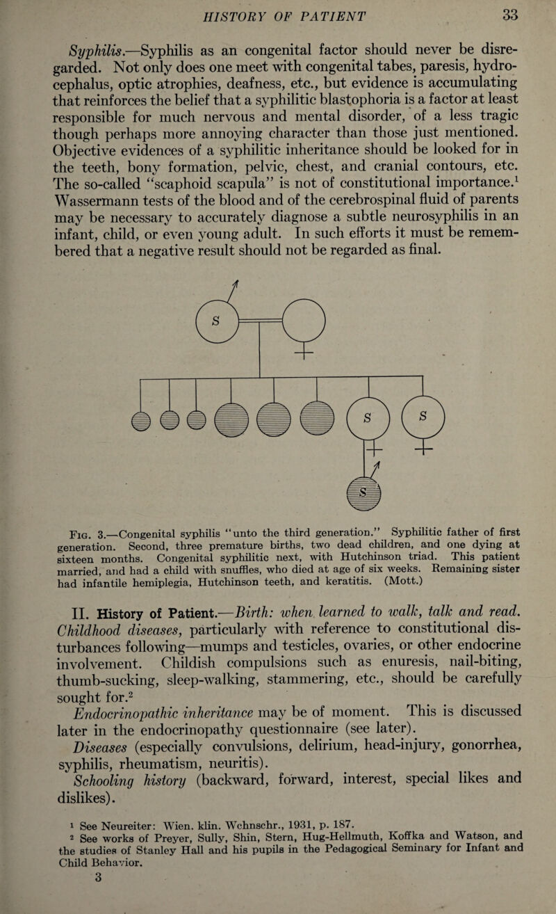 Syphilis.—Syphilis as an congenital factor should never be disre¬ garded. Not only does one meet with congenital tabes, paresis, hydro¬ cephalus, optic atrophies, deafness, etc., but evidence is accumulating that reinforces the belief that a syphilitic blastophoria is a factor at least responsible for much nervous and mental disorder, of a less tragic though perhaps more annoying character than those just mentioned. Objective evidences of a syphilitic inheritance should be looked for in the teeth, bony formation, pelvic, chest, and cranial contours, etc. The so-called “scaphoid scapula” is not of constitutional importance.1 Wassermann tests of the blood and of the cerebrospinal fluid of parents may be necessary to accurately diagnose a subtle neurosyphilis in an infant, child, or even young adult. In such efforts it must be remem¬ bered that a negative result should not be regarded as final. Fig. 3.—Congenital syphilis “unto the third generation.” Syphilitic father of first generation. Second, three premature births, two dead children, and one dying at sixteen months. Congenital syphilitic next, with Hutchinson triad. This patient married, and had a child with snuffles, who died at age of six weeks. Remaining sister had infantile hemiplegia, Hutchinson teeth, and keratitis. (Mott.) II. History of Patient.—Birth: when learned to walk, talk and read. Childhood diseases, particularly with reference to constitutional dis¬ turbances following—mumps and testicles, ovaries, or other endocrine involvement. Childish compulsions such as enuresis, nail-biting, thumb-sucking, sleep-walking, stammering, etc., should be carefully sought for.2 Endocrinopathic inheritance may be of moment. This is discussed later in the endocrinopathy questionnaire (see later). Diseases (especially convulsions, delirium, head-injury, gonorrhea, syphilis, rheumatism, neuritis). Schooling history (backward, forward, interest, special likes and dislikes). 1 See Neureiter: Wien. klin. Wchnschr., 1931, p. 187. 2 See works of Preyer, Sully, Shin, Stern, Hug-Hellmuth, Koffka and Watson, and the studies of Stanley Hall and his pupils in the Pedagogical Seminary for Infant and Child Behavior. 3