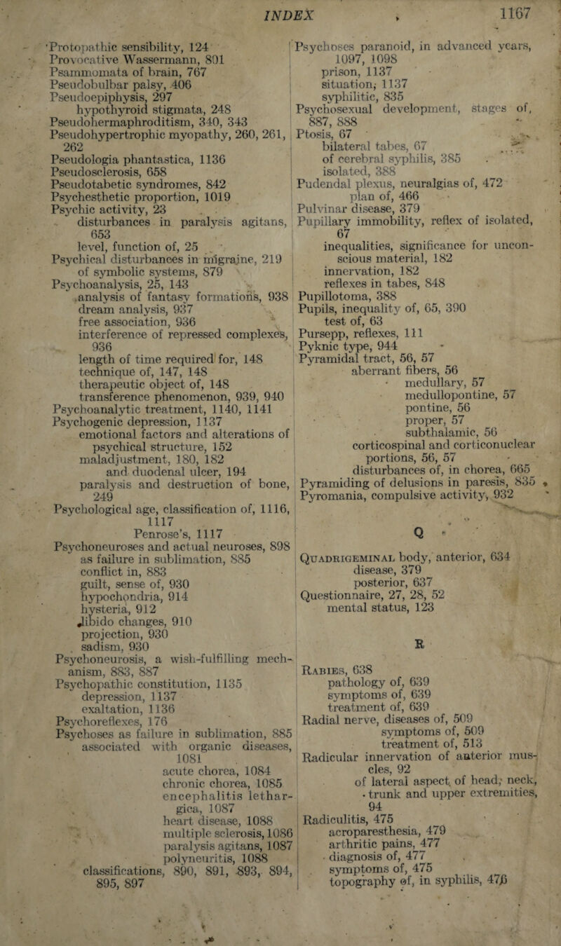 ■Protopathic sensibility, 124 Provocative Wassermann, 801 Psammomata of brain, 767 Pseudobulbar palsy, 406 Pseudoepiphysis, 297 hypothyroid stigmata, 248 Pseudohermaphroditism, 840, 343 Pseudohypertrophic myopathy, 260, 261, 262 Pseudologia phantastica, 1136 Pseudosclerosis, 658 Pseudotabetic syndromes, 842 Psychesthetic proportion, 1019 Psychic activity, 23 disturbances in paralysis agitans, 653 level, function of, 25 Psychical disturbances in migrajne, 219 of symbolic systems, 879 Psychoanalysis, 25, 143 .analysis of fantasy formations, 938 dream analysis, 937 free association, 936 interference of repressed complexes, 936 length of time required for, 148 technique of, 147, 148 therapeutic object of, 148 transference phenomenon, 939, 940 Psychoanalytic treatment, 1140, 1141 Psychogenic depression, 1137 emotional factors and alterations of psychical structure, 152 maladjustment, 180, 182 and duodenal ulcer, 194 paralysis and destruction of bone, 249 Psychological age, classification of, 1116, 1117 ! Psychoses paranoid, in advanced years, 1097, 1098 prison, 1137 situation,- 1137 syphilitic, 835 Psychosexual development, stages of, 887, 8S8 Ptosis, 67 v bilateral tabes, 67 ,. of cerebral syphilis, 385 isolated, 388 Pudendal plexus, neuralgias of, 472 plan of, 466 Pulvinar disease, 379 Pupillary immobility, reflex of isolated, 67 inequalities, significance for uncon¬ scious material, 182 innervation, 182 reflexes in tabes, 848 Pupillotoma, 388 Pupils, inequality of, 65, 390 test of, 63 Pursepp, reflexes, 111 Pyknic type, 944 Pyramidal tract, 56, 57 aberrant fibers, 56 medullary, 57 medullopontine, 57 pontine, 56 proper, 57 subthalamic, 56 corticospinal and corticonuclear portions, 56, 57 disturbances of, in chorea, 665 Pyramiding of delusions in paresis, 835 Pyromania, compulsive activity, 932 Penrose’s, 1117 Psychoneuroses and actual neuroses, 898 as failure in sublimation, S85 conflict in, 883 guilt, sense of, 930 hypochondria, 914 hysteria, 912 ♦libido changes, 910 projection, 930 sadism, 930 Psychoneurosis, a wish-fulfilling mech¬ anism, 883, 887 Psychopathic constitution, 1135 depression, 1137 exaltation, 1136 Psychoreflexes, 176 Psychoses as failure in sublimation, 885 associated with organic diseases, 1081 Q * Quadrigeminal body, anterior, 634 disease, 379 posterior, 637 Questionnaire, 27, 28, 52 mental status, 123 R n . * . ' y - Rabies, 638 pathology of, 639 symptoms of, 639 treatment of, 639 Radial nerve, diseases of, 509 symptoms of, 509 treatment of, 513 Radicular innervation of anterior mus- acute chorea, 1084 chronic chorea, 1085 encephalitis lethar- gica, 1087 heart disease, 1088 multiple sclerosis, 1086 paralysis agitans, 1087 polyneuritis, 1088 classifications, 890, 891, -893, 894, 895, 897 cles, 92 of lateral aspect, of head,* neck, • trunk and upper extremities, 94 Radiculitis, 475 acroparesthesia, 479 arthritic pains, 477 • diagnosis of, 477 symptoms of, 475 topography of, in syphilis, 47J3