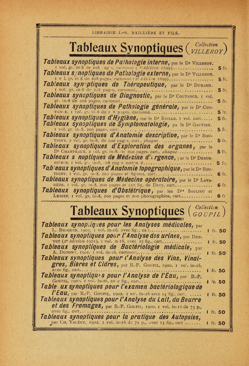 Tableaux Synoptiques (Viï%Toy) Tableaux synoptiques de Pathologie interne, par le Dr Villeroy. i vol. gr. in-8 de 208 ag s, ca-to.nné ( e édition 1899). 5 fr. Tableaux synoptiques de Pathologie externe, par le Dr Villeroy. 1 v l.'gr. in 8 de 208 pages, cartonné (2e èiiiï-m 1899). 5 fr. Tableaux synnptiques de Thérapeutique, par le Dr Durand. 1 vol. gr. m-8 de 2o3 pages, cartonné... 5 fr. Tableaux synoptiques de Diagnostic, par le Dr Coutance. i vol. gr. in-8 de 208 pages, cartonné. 5 fr. Tableaux synoptiques de Pathologie générale, par le Dr Coû¬ tant e. 1 vol. gr. in-8 de 2 8 piges, cartonné. 5 fr. Tableaux synoptiques d’Hygiène, par le Dr Reille. i vol. cart. 5 fr. Tableaux synoptiques de Symptomatologie, pa le Dr Gautier. 1 vol. gr. in-8, 200 pages cart. . 5 fr. Tableaux synoptiques d’Anatomie descriptioe, par le Dr Bou- Tigny. 2 vol. gr. in-8, de 200 pages, cart., chaque. 5 fr. Tableaux synoptiques d’Exploration des organes, par ie Dr Champeaux. 2 \ol. gr. in-8, de 200 pages; cart., chaque. 5 fr. Tableaux s noptiques de Médecine d’urgence, par le Dr Debus- SiÈRis. i vol. gr. in-8, : 08 pag ’S carton é... 5 fr. Tableaux synoptiques d’Anatomie topographique, par le Dr Bou- TIGNY, i vol. gr. in-8, 200 pages et figures, cart. 6 fr. Tableaux synoptiques de Médecine opératoire, par le Dr Lava- RÈde. i vol. gr. in-8, 200 pages et 150 fïg. de Devy, cart. 6 fr. Tableaux synoptiques d’Obstétrique, par les Drs Saulieu et Lebief, i vol. gr. in-8, 200 pages et 200 photographies, cart. 6 fr Tableaux Synoptiques ( gouTil) Tableaux synopdques pour les Analyses médicales, par L. Broquin, 1903. 1 vol. in-16, avec fïg., caA. | fr. 50 Tableaux synoptiques pour l’Analyse des urines, par Dre- vet (2e èditio?i 1901). 1 vol. ;n-i6, avec 25 fïg., cart. f fr. 50 Tableaux synoptiques de Bactériologie médicale, par A. Dupont, 1901. 1 vol. in-16, cartonné. I fr, 50 Tableaux synoptiques pour L’Analyse des Vins, Vinai¬ gres, Bières et Cidres, par B.-P. Goupil, 1900. 1 vo’. in-16, avec fig., cart. I fr. 50 Tableaux synoptiques pour l’Analyse de l’Eau, par b.-p. Goupil, 1900. 1 vol. in-16, av c fig., cart. f fr. 50 Table ux synoptiques pour l’examen bactériologique de l’EaU, par B.-P. Goupil, 1902. 1 vo1. in-16 avec 14 fig., cart. | fr. 50 Tableaux synoptiques pour l’Analyse du Lait, du Beurre et des Fromages, par B.-P. Goupil, 1900. 1 vol. in-16 de 75 p., us.i .... I ir. ou Tableaux synoptiques pour ta pratique des Autopsies, jaar Ch. Valéry, 1902. 1 vol. in-16 de 71 p., avec 13 fig., cart. | fr. 50