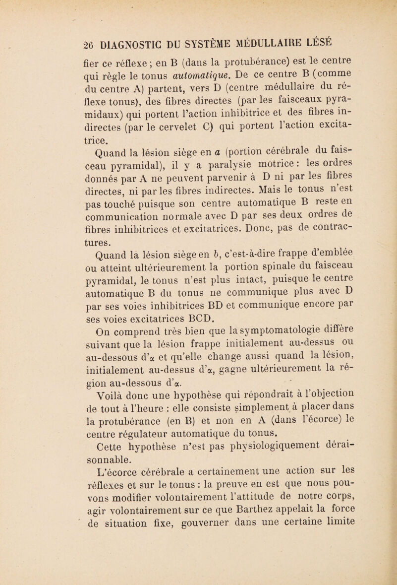 fier ce réflexe ; en B (dans la protubérance) est le centre qui règle le tonus automatique. De ce centre B (comme du centre A) partent, vers D (centre médullaire du ré¬ flexe tonus), des fibres directes (par les faisceaux pyia- midaux) qui portent l’action inhibitrice et des fibres in¬ directes (par le cervelet C) qui portent 1 action excita¬ trice. Quand la lésion siège en a (portion cérébrale du fais¬ ceau pyramidal), il y a paralysie motrice : les ordres donnés par A ne peuvent parvenir à D ni par les fibies directes, ni par les fibres indirectes. Mais le tonus n est pas touché puisque son centre automatique B reste en communication normale avec D par ses deux ordres de fibres inhibitrices et excitatrices. Donc, pas de contrac¬ tures. Quand la lésion siège en 6, c’est-à-dire frappe d’emblée ou atteint ultérieurement la portion spinale du faisceau pyramidal, le tonus n’est plus intact, puisque le centre automatique B du tonus ne communique plus avec D par ses voies inhibitrices BD et communique encore par ses voies excitatrices BCD. On comprend très bien que la symptomatologie diffère suivant que la lésion frappe initialement au-dessus ou au-dessous d’a et quelle change aussi quand la lésion, initialement au-dessus d’a, gagne ultérieurement la ré¬ gion au-dessous d’a. Voilà donc une hypothèse qui répondrait à l’objection de tout à l’heure : elle consiste simplement à placer dans la protubérance (en B) et non en A (dans 1 écorce) le centre régulateur automatique du tonus. Cette hypothèse n’est pas physiologiquement dérai¬ sonnable. L’écorce cérébrale a certainement une action sur les réflexes et sur le tonus : la preuve en est que nous pou¬ vons modifier volontairement l’attitude de notre corps, agir volontairement sur ce que Barthez appelait la force de situation fixe, gouverner dans une certaine limite