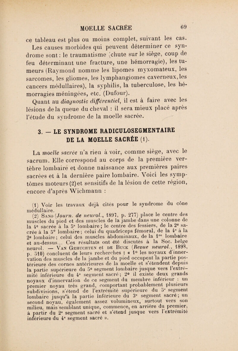 ce tableau est plus ou moins complet, suivant les cas. Les causes morbides qui peuvent déterminer ce syn¬ drome sont: le traumatisme (chute sur le siège, coup de feu déterminant une fracture, une hémorragie), les tu¬ meurs (Raymond nomme les lipomes myxomateux, les sarcomes, les gliomes, les lymphangiomes caverneux, les cancers médullaires), la syphilis, la tuberculose, les hé¬ morragies méningées, etc. (Dufour). Quant au diagnostic différentiel, il est à faire avec les lésions delà queue du cheval : il sera mieux placé après l’étude du syndrome de la moelle sacrée. 3. — LE SYNDROME RADICULOSEGMENTAIRE DE LA MOELLE SACRÉE (1). La moelle sacrée n’a rien à voir, comme siège, avec le sacrum. Elle correspond au corps de la première ver¬ tèbre lombaire et donne naissance aux premières paires sacrées et à la dernière paire lombaire. Voici les symp¬ tômes moteurs (2) et sensitifs de la lésion de cette région, encore d’après YVichmann : (1) Voir les travaux déjà cités pour le syndrome du cône médullaire. (2) Sano [Journ. de neurol., 1891, p. 277) place le centre des muscles du pied et des muscles de la jambe dans une colonne de la 4e sacrée à la 5e lombaire ; le centre des fessiers, de la 2e sa¬ crée à la 5e lombaire; celui du quadriceps fémoral, de la 4° à la 2e lombaire; celui des muscles abdominaux, delà lre lombaire et au-dessus... Ces résultats ont été discutés à la Soc. belge neurol. — Van Gehuchten et de Buck (Revue neurol., 1898, p. 510) concluent de leurs recherches : « 1° les noyaux d’inner¬ vation des muscles de la jambe et du pied occupent la partie pos¬ térieure des cornes antérieures de la moelle et s’étendent depuis la partie supérieure du 5e segment lombaire jusque vers 1 extré¬ mité inférieure du 4° segment sacré ; 2° il existe deux grands noyaux d’innervation de ce segment du membre inférieur : un premier noyau très grand, comportant probablement plusieurs subdivisions, s’étend de l’extrémité supérieure du 5Ü segment lombaire jusqu’à la partie inférieure du 3e segment sacré ; un second noyau, également assez volumineux, surtout vers son milieu, mais semblant unique, commence, en arrière du premier, à partir du 2° segment sacré et s’étend jusque vers 1 extrémité inférieure du 4e segment sacré ».