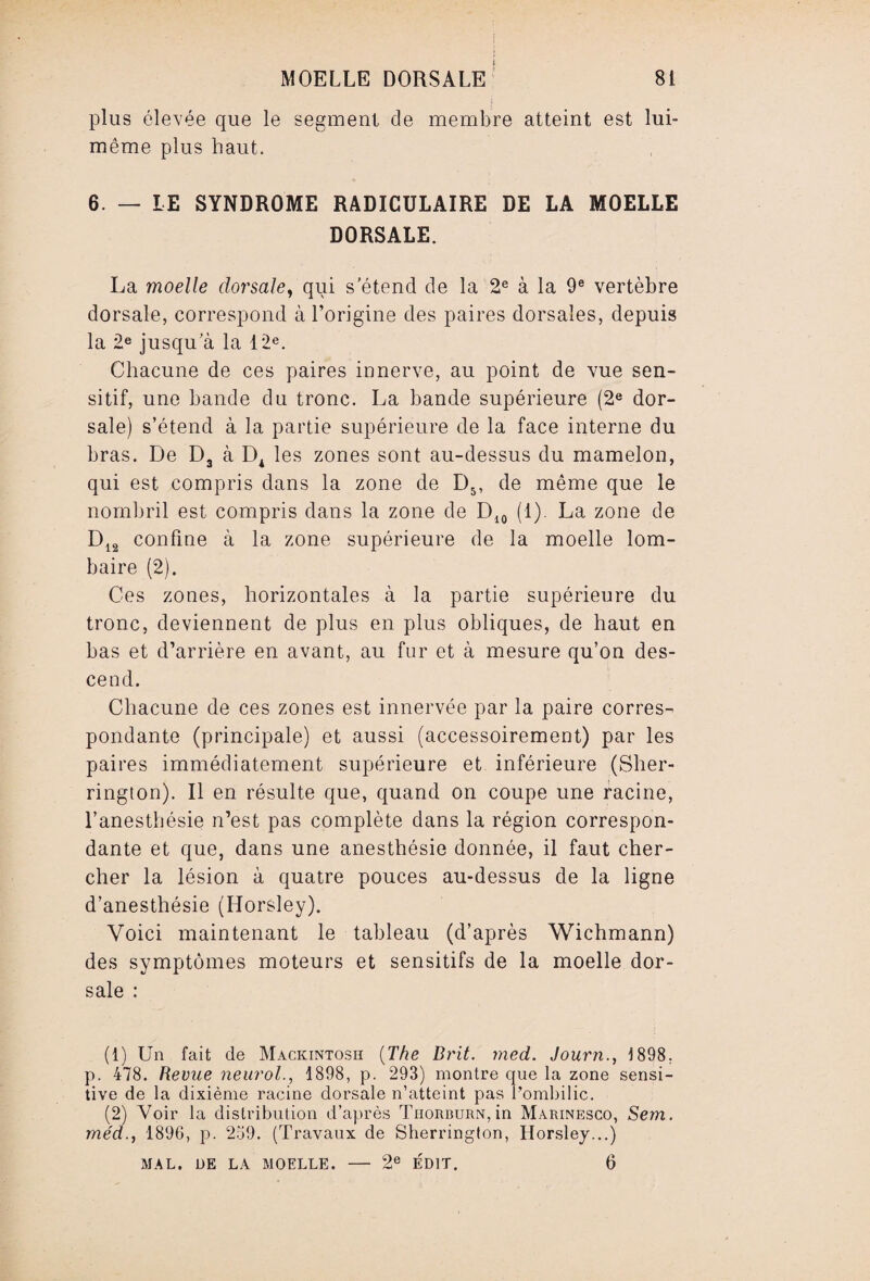 plus élevée que le segment de membre atteint est lui- même plus haut. 6. — LE SYNDROME RADICULAIRE DE LA MOELLE DORSALE. La moelle dorsale, qui s'étend de la 2e à la 9e vertèbre dorsale, correspond à l’origine des paires dorsales, depuis la 2e jusqua la 12e. Chacune de ces paires innerve, au point de vue sen¬ sitif, une bande du tronc. La bande supérieure (2e dor¬ sale) s’étend à la partie supérieure de la face interne du bras. De D3 à D4 les zones sont au-dessus du mamelon, qui est compris dans la zone de D5, de même que le nombril est compris dans la zone de D10 (1). La zone de D12 confine à la zone supérieure de la moelle lom¬ baire (2). Ces zones, horizontales à la partie supérieure du tronc, deviennent de plus en plus obliques, de haut en has et d’arrière en avant, au fur et à mesure qu’on des¬ cend. Chacune de ces zones est innervée par la paire corres¬ pondante (principale) et aussi (accessoirement) par les paires immédiatement supérieure et inférieure (Sher- rington). Il en résulte que, quand on coupe une racine, l’anesthésie n’est pas complète dans la région correspon¬ dante et que, dans une anesthésie donnée, il faut cher¬ cher la lésion à quatre pouces au-dessus de la ligne d’anesthésie (Horsley). Voici maintenant le tableau (d’après Wichmann) des symptômes moteurs et sensitifs de la moelle dor¬ sale : (1) Un fait de Mackintosh {The Brit. med. Journ., 1898, p. 478. Revue neuroL, 1898, p. 293) montre que la zone sensi¬ tive de la dixième racine dorsale n’atteint pas l’ombilic. (2) Voir la distribution d’après TnoRBURN,in Marinesco, Sem. me'd., 1896, p. 259. (Travaux de Sherrington, Horsley...) MAL. DE LA MOELLE. — 2e ÉDIT. 6