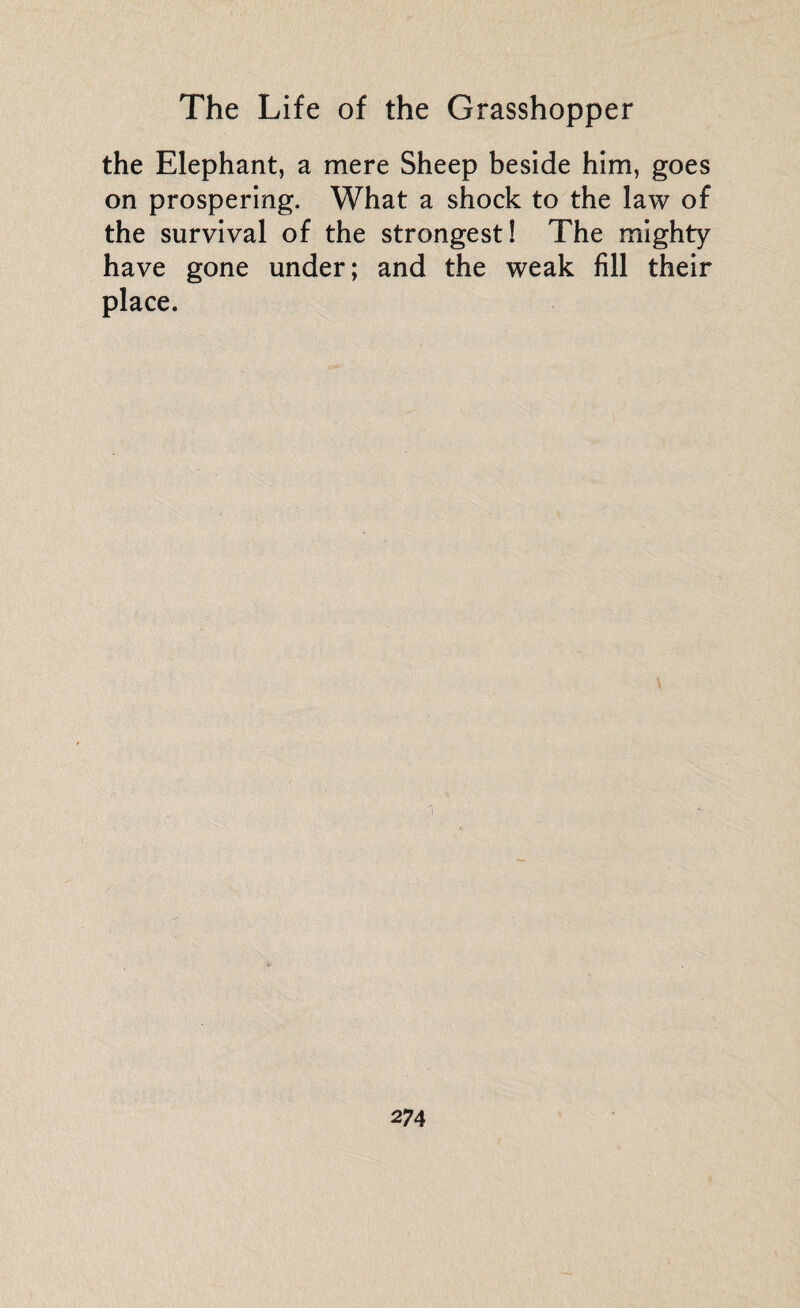 the Elephant, a mere Sheep beside him, goes on prospering. What a shock to the law of the survival of the strongest! The mighty have gone under; and the weak fill their place. n