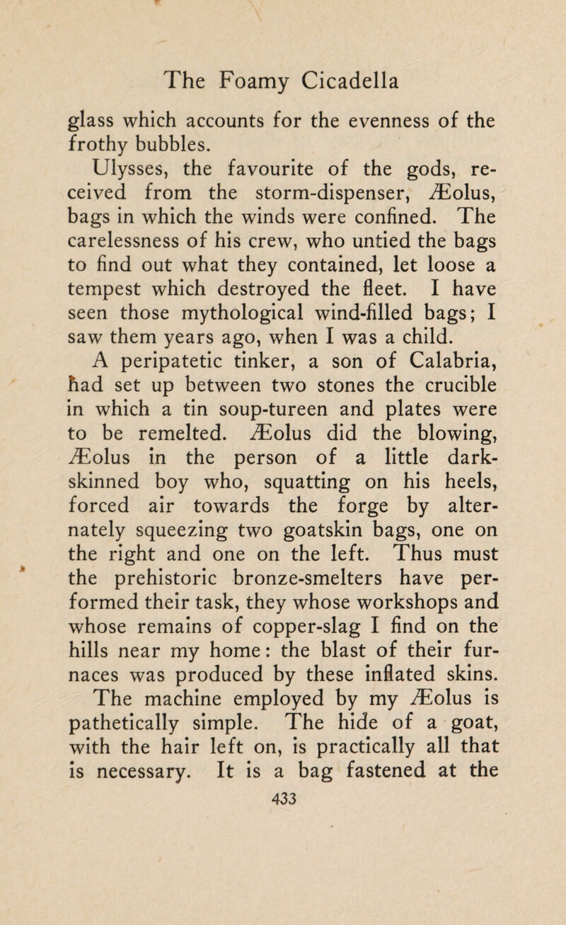 JT The Foamy Cicadella glass which accounts for the evenness of the frothy bubbles. Ulysses, the favourite of the gods, re¬ ceived from the storm-dispenser, Æolus, bags in which the winds were confined. The carelessness of his crew, who untied the bags to find out what they contained, let loose a tempest which destroyed the fleet. I have seen those mythological wind-filled bags; I saw them years ago, when I was a child. A peripatetic tinker, a son of Calabria, had set up between two stones the crucible in which a tin soup-tureen and plates were to be remelted. Æolus did the blowing, Æolus in the person of a little dark- skinned boy who, squatting on his heels, forced air towards the forge by alter¬ nately squeezing two goatskin bags, one on the right and one on the left. Thus must the prehistoric bronze-smelters have per¬ formed their task, they whose workshops and whose remains of copper-slag I find on the hills near my home : the blast of their fur¬ naces was produced by these inflated skins. The machine employed by my Æolus is pathetically simple. The hide of a goat, with the hair left on, is practically all that is necessary. It is a bag fastened at the