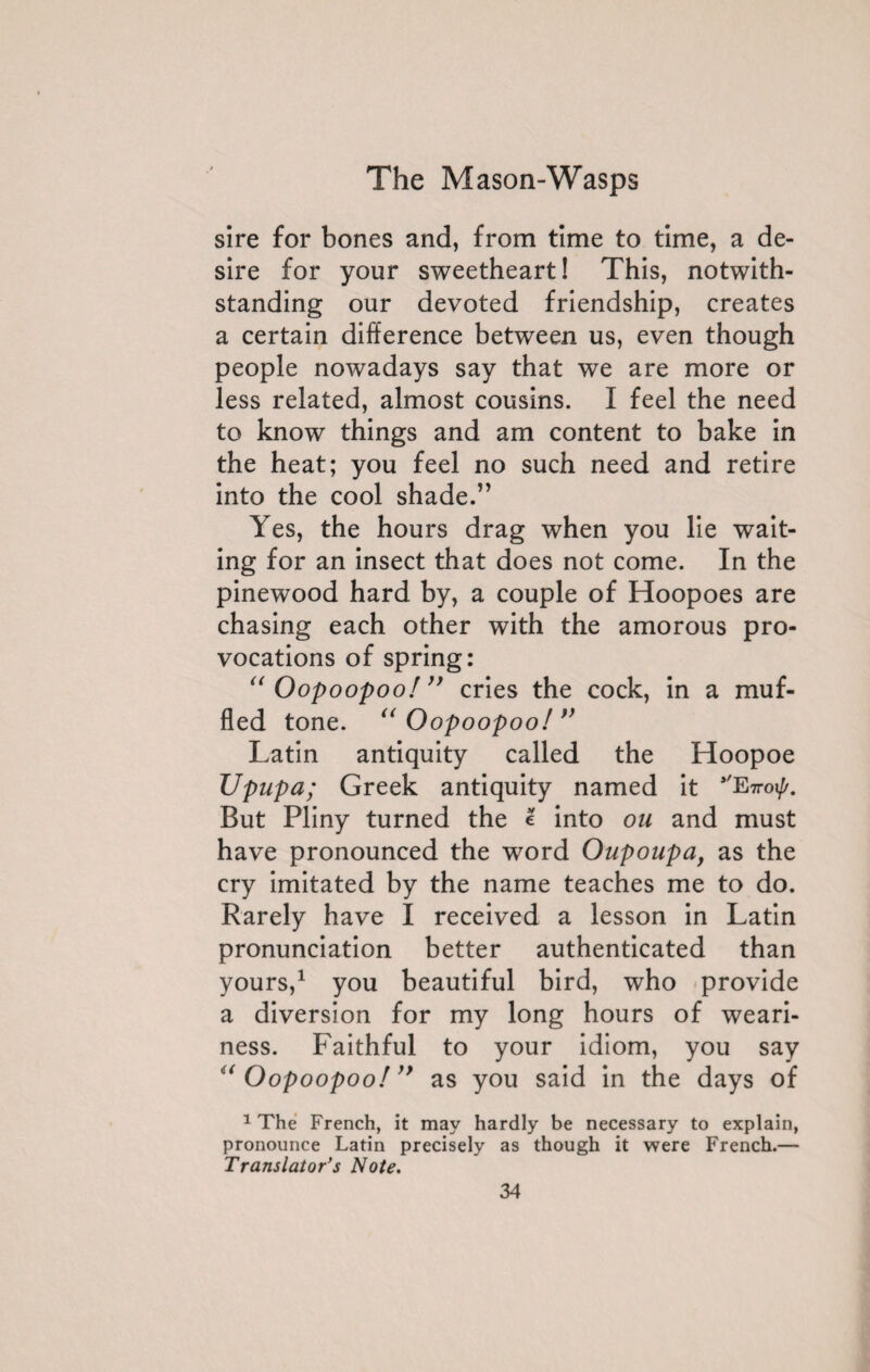 sire for bones and, from time to time, a de¬ sire for your sweetheart! This, notwith¬ standing our devoted friendship, creates a certain difference between us, even though people nowadays say that we are more or less related, almost cousins. I feel the need to know things and am content to bake in the heat; you feel no such need and retire into the cool shade.” Yes, the hours drag when you lie wait¬ ing for an insect that does not come. In the pinewood hard by, a couple of Hoopoes are chasing each other with the amorous pro¬ vocations of spring: “ Oopoopoo! ” cries the cock, in a muf¬ fled tone. “Oopoopoo! ” Latin antiquity called the Hoopoe Upupa; Greek antiquity named it *'Etroif/. But Pliny turned the e into ou and must have pronounced the word Oupoupa> as the cry imitated by the name teaches me to do. Rarely have I received a lesson in Latin pronunciation better authenticated than yours,1 you beautiful bird, who provide a diversion for my long hours of weari¬ ness. Faithful to your idiom, you say “Oopoopoo!” as you said in the days of 1 The French, it may hardly be necessary to explain, pronounce Latin precisely as though it were French.— Translator’s Note.