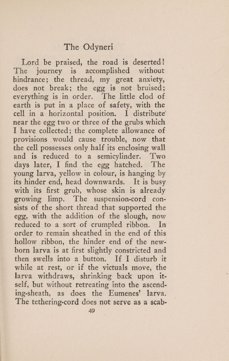 Lord be praised, the road is deserted! The journey is accomplished without hindrance; the thread, my great anxiety, does not break; the egg is not bruised; everything is in order. The little clod of earth is put in a place of safety, with the cell in a horizontal position. I distribute near the egg two or three of the grubs which I have collected; the complete allowance of provisions would cause trouble, now that the cell possesses only half its enclosing wall and is reduced to a semicylinder. Two days later, I find the egg hatched. The young larva, yellow in colour, is hanging by its hinder end, head downwards. It is busy with its first grub, whose skin is already growing limp. The suspension-cord con¬ sists of the short thread that supported the egg, with the addition of the slough, now reduced to a sort of crumpled ribbon. In order to remain sheathed in the end of this hollow ribbon, the hinder end of the new¬ born larva is at first slightly constricted and then swells into a button. If I disturb it while at rest, or if the victuals move, the larva withdraws, shrinking back upon it¬ self, but without retreating into the ascend¬ ing-sheath, as does the Eumenes’ larva. The tethering-cord does not serve as a scab-