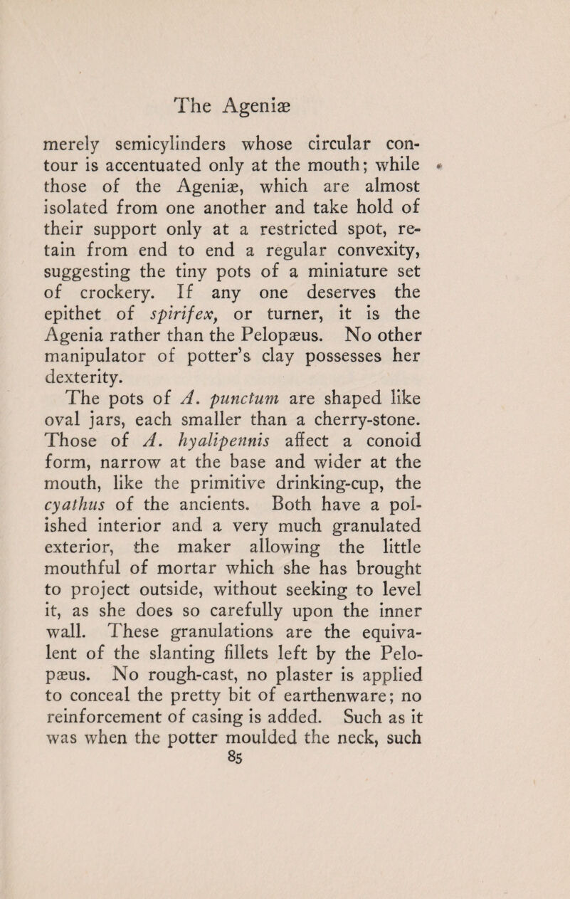 merely semicylinders whose circular con¬ tour is accentuated only at the mouth; while * those of the Ageniæ, which are almost isolated from one another and take hold of their support only at a restricted spot, re¬ tain from end to end a regular convexity, suggesting the tiny pots of a miniature set of crockery. If any one deserves the epithet of spirifex, or turner, it is the Agenia rather than the Pelopæus. No other manipulator of potter’s clay possesses her dexterity. The pots of A. punctum are shaped like oval jars, each smaller than a cherry-stone. Those of A. hyalipennis affect a conoid form, narrow at the base and wider at the mouth, like the primitive drinking-cup, the cyathus of the ancients. Both have a pol¬ ished interior and a very much granulated exterior, the maker allowing the little mouthful of mortar which she has brought to project outside, without seeking to level it, as she does so carefully upon the inner wall. These granulations are the equiva¬ lent of the slanting fillets left by the Pelo¬ pæus. No rough-cast, no plaster is applied to conceal the pretty bit of earthenware; no reinforcement of casing is added. Such as it was when the potter moulded the neck, such