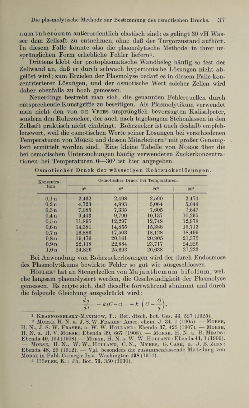 num tuberosum auBerordentlich elastisch sind: es gelingt 30 vH Was- ser dem Zellsaft zu entnehmen, ohne daB der Turgorzustand aufhort. In diesem Falle konnte also die plasmolytische Methode in ihrer ur- spriinglichen Form erhebliche Fehler liefern1. Drittens klebt der protoplasmatische Wandbeleg haufig so fest der Zellwand an, daB er durch schwach hypertonische Losungen nicht ab- gelost wird; znm Erzielen der Plasmolyse bedarf es in diesem Falle kon- zentrierterer Losungen, und der osmotische Wert solcher Zellen wird daher ebenfalls zu hoch gemessen. Neuerdings bestrebt man sich, die genannten Fehlerquellen durch entsprechende Kunstgriffe zu beseitigen. Als Plasmolytikum verwendet man nicht den von de Vries ursprunglich bevorzugten Kalisalpeter, sondern den Rohrzucker, der auch nach tagelangem Stehenlassen in den Zellsaft praktisch nicht eindringt. Rohrzucker ist auch deshalb empfeh- lenswert, weil die osmotischen Werte seiner Losungen bei verschiedenen Temperaturen von Morse und dessen Mitarbeitern2 mit groBer Genauig- keit ermittelt worden sind. Fine kleine Tabelle von Morse uber die bei osmotischen Untersuchungen haufig verwendeten Zuckerkonzentra- tionen bei Temperaturen 0—30° ist hier angegeben. Osmotischer Druck der wasserigen Rohrzuckerlosungen. Konzentra- tion Osmotischer Druck bei Temperaturen: 0° 10° 20° 30° 0,1 n 2,462 2,498 2,590 2,474 0,2 n 4,723 4,893 5,064 5,044 0,3 n 7,085 7,335 7,605 7,647 0,4 n 9,443 9,790 10,137 10,295 0,5 n 11,895 12,297 12,748 12,978 0,6 n 14,381 14,855 15,388 15,713 0,7 n 16,886 17,503 ‘18,128 18,499 0,8 n 19,476 20,161 20,905 21,375 0,9 n 22,118 22,884 23,717 24,226 1,0 n 24,826 25,693 26,638 27,223 Bei Anwendung von Rohrzuckerlosungen wird der durch Endosmose des Plasmolytikums bewirkte Fehler so gut wie ausgeschlossen. Hofler3 hat an Stengelzellen von Majanthemum bifolium, wel- che langsam plasmolysiert werden, die Geschwindigkeit der Plasmolyse gemessen. Es zeigte sich, daB dieselbe fortwahrend abnimmt und durch die folgende Gleichung ausgedruckt wird: _Ti = -k^ = -k(c-j)’ 1 Krasnosselsky-Maximow, T.: Ber. dtsch. bot. Ges. 43, 527 (1925).. 2 Morse, H.N. a. J. S. W. Fraser: Amer. chem. J. 34, 1 (1905). — Morse, H. N., J. S. W. Fraser, a. W. W. Holland: Ebenda 37, 425 (1907). — Morse, II. N. a. H. V. Morse: Ebenda 39, 667 (1908). — Morse, H. N. a. B. Mears: Ebenda 40, 194 (1908). — Morse, H. N. a. W. W. Holland: Ebenda 41, 1 (1909). — Morse, H. N., W. W., Holland, C. N., Myers, G. Cash, a. J. B. Zinn: Ebenda 48, 29 (1912). — Vgl. besonders die zusammenfassende Mitteilung von Morse in Publ. Carnegie Inst. Washington 198 (1914). 3 Hoeler, K.: Jb. Bot. 73, 350 (1930).