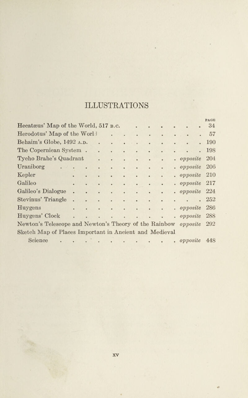 ILLUSTRATIONS Hecataeus’ Map of the World, 517 b.c. . Herodotus’ Map of the Worl 1. Behaim’s Globe, 1492 a.d. The Copernican System. Tycho Brahe’s Quadrant. Uraniborg. Kepler . Galileo . Galileo’s Dialogue. Stevinus’ Triangle. Huygens . Huygens’ Clock. Newton’s Telescope and Newton’s Theory of the Rainbow Sketch Map of Places Important in Ancient and Medieval Science ••••*»»•*, PAGE . 34 . 57 . 190 . 198 opposite 204 opposite 206 opposite 210 opposite 217 opposite 224 . 252 opposite 286 opposite 288 opposite 292 opposite 448