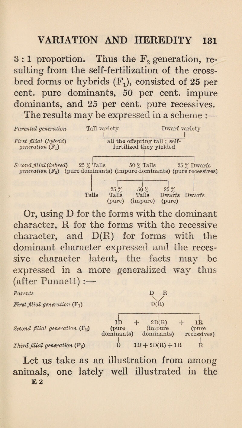 3 : 1 proportion. Thus the F2 generation, re¬ sulting from the self-fertilization of the cross¬ bred forms or hybrids (F1), consisted of 25 per cent, pure dominants, 50 per cent, impure dominants, and 25 per cent, pure recessives. The results may be expressed in a scheme :— Parental generation Tall variety Dwarf variety |_l First filial (hybrid) all the offspring tall ; self- generation (Fj) fertilized they yielded _I_ I I l Second filial (inbred) 25 % Tails 50% Tails 25% Dwarfs generation (F2) (pure dominants) (impure dominants) (pure recessives) I I ~! 25% 50% 25% Tails Tails Tails Dwarfs Dwarfs (pure) (impure) (pure) Or, using D for the forms with the dominant character, R for the forms with the recessive character, and D(R) for forms with the dominant character expressed and the reces¬ sive character latent, the facts may be expressed in a more generalized way thus (after Punnett) :—- Parents D R \/ First filial generation (Fx) D(R) i i 1 ID + 2D(R) + 1R Second filial generation (F2) (pure (impure (pure dominants) dominants) recessives) I I I Third filial generation (F3) D ID + 2D(R) + 1R R Let us take as an illustration from among animals, one lately well illustrated in the E 2