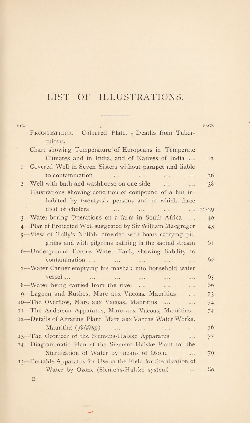 LIST OF ILLUSTRATIONS. FIG. PAGE Frontispiece. Coloured Plate. *• Deaths from Tuber¬ culosis. Chart showing Temperature of Europeans in Temperate Climates and in India, and of Natives of India ... 1— Covered Well in Seven Sisters without parapet and liable to contamination 2— Well with bath and washhouse on one side Illustrations showing condition of compound of a hut in¬ habited by twenty-six persons and in which three died of cholera 3— Water-boring Operations on a farm in South Africa 4— Plan of Protected Well suggested by Sir William Macgregor 5— -View of Tolly’s Nullah, crowded with boats carrying pil¬ grims and with pilgrims bathing in the sacred stream 6— Underground Porous Water Tank, showing liability to contamination ... 7— Water Carrier emptying his mashak into household water vessel ... 8— -Water being carried from the river ... 9— Lagoon and Rushes, Mare aux Vacoas, Mauritius 10— The Overflow, Mare aux Vacoas, Mauritius 11— The Anderson Apparatus, Mare aux Vacoas, Mauritius 12— Details of Aerating Plant, Mare aux Vacoas Waterworks, Mauritius (folding) 13— The Ozonizer of the Siemens-Halske Apparatus 14— Diagrammatic Plan of the Siemens-Halske Plant for the Sterilization of Water by means of Ozone 15— Portable Apparatus for Use in the Field for Sterilization of Water by Ozone (Siemens-Halske system) B 12 o 6 18 38-39 40 43 61 62 65 66 73 74 74 76 77 79 80