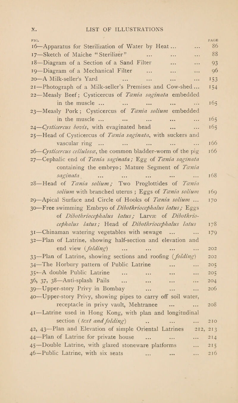 FIG. PAGE 16— Apparatus for Sterilization of Water by Heat ... ... 86 17— Sketch of Maiche “Sterilizer” ... ... ... 88 18— Diagram of a Section of a Sand Filter ... ... 93 19— Diagram of a Mechanical Filter ... ... ... 96 20— A Milk-seller’s Yard ... ... ... ... 153 21— Photograph of a Milk-seller’s Premises and Cow-shed... 154 22— Measly Beef; Cysticercus of Tce?iia saginata embedded in the muscle ... ... ... ... ... 165 23— Measly Pork; Cysticercus of Tcenia solium embedded in the muscle ... ... ... ... ... 165 24— Cysticercus bovis, with evaginated head ... ... 165 25— Head of Cysticercus of Tcenia saginata, with suckers and vascular ring ... ... ... ... ... 166 26— Cysticercus cellulosce, the common bladder-worm of the pig 166 27— Cephalic end of Tcenia saginata; Egg of Tceiiia saginata containing the embryo; Mature Segment of Tcenia sayinata ... ... ... ... ... 168 28— Head of Tcenia solium; Two Proglottides of Tcenia solium with branched uterus ; Eggs of Tcenia solium 169 29— Apical Surface and Circle of Hooks of Tcenia solium ... 170 30— Free swimming Embryo of Dibothriocephalus latus; Eggs of Dibothriocephalus latus; Larvae of Dibothrio¬ cephalus latus; Head of Dibothriocephalus latus 178 31— Chinaman watering vegetables with sewage ... ... 179 32— Plan of Latrine, showing half-section and elevation and end view (folding) ... ... ... ... 202 33— Plan of Latrine, showing sections and roofing (folding) 202 34— The Horbury pattern of Public Latrine ... ... 205 35^A double Public Latrine ... ... ... ... 205 36, 37, 38—Anti-splash Pails ... ... ... ... 204 39— Upper-story Privy in Bombay ... ... ... 206 40— Upper-story Privy, showing pipes to carry off soil water, receptacle in privy vault, Mehtranee ... ... 208 41— Latrine used in Hong Kong, with plan and longitudinal section {text and folding) .. ... ... 210 42, 43—Plan and Elevation of simple Oriental Latrines 212, 213 44— Plan of Latrine for private house ... ... ... 214 45— Double Latrine, with glazed stoneware platforms ... 215 46— Public Latrine, with six seats ... ... ... 216