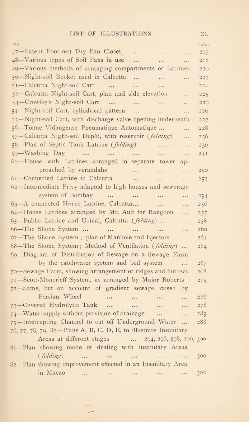 FIG. PAGE 47— Patent Foot-rest Dry Pan Closet 48— Various types of Soil Pans in use 49— Various methods of arranging compartments of Latrines 50— Night-soil Bucket used in Calcutta 51— Calcutta Night-soil Cart 52— Calcutta Night-soil Cart, plan and side elevation 53— Crowley’s Night-soil Cart 54— Night-soil Cart, cylindrical pattern 55— Night-soil Cart, with discharge valve opening underneath 56— Tonne Vidangeuse Pneumatique Automatique ... 57— Calcutta Night-soil Depot, with reservoir (folding) 58— Plan of Septic Tank Latrine {folding) 59— Washing Day 60— House with Latrines arranged in separate tower ap¬ proached by verandahs 6t—Connected Latrine in Calcutta 62— Intermediate Privy adapted to high houses and sewerage system of Bombay 63— A connected House Latrine, Calcutta... 64— House Latrines arranged by Mr. Ault for Rangoon 65— Public Latrine and Urinal, Calcutta (folding)... 66— The Shone System ... 67— The Shone System ; plan of Manhole and Ejectors 68— The Shone System ; Method of Ventilation (folding) ... 69— Diagram of Distribution of Sewage on a Sewage Farm by the catchwater system and bed system 70— Sewage Farm, showing arrangement of ridges and furrows 71— Scott-Moncrieff System, as arranged by Major Roberts 72— Same, but on account of gradient sewage raised by Persian Wheel 73— Covered Hydrolytic Tank 74— Water-supply without provision of drainage 75— Intercepting Channel to cut off Underground Water ... 76, 77, 78, 79, 80—Plans A, B, C, D, E, to illustrate Insanitary Areas at different stages ... 294, 296, 298, 299, 81— Plan showing mode of dealing with Insanitary Areas {folding) ... . ... ... ... 82— Plan showing improvement effected in an Insanitary Area in Macao 217 218 220 223 224 225 226 226 227 228 236 236 241 250 252 254 256 257 258 260 261 264 267 268 275 276 278 285 288 300 3°° 3° 2