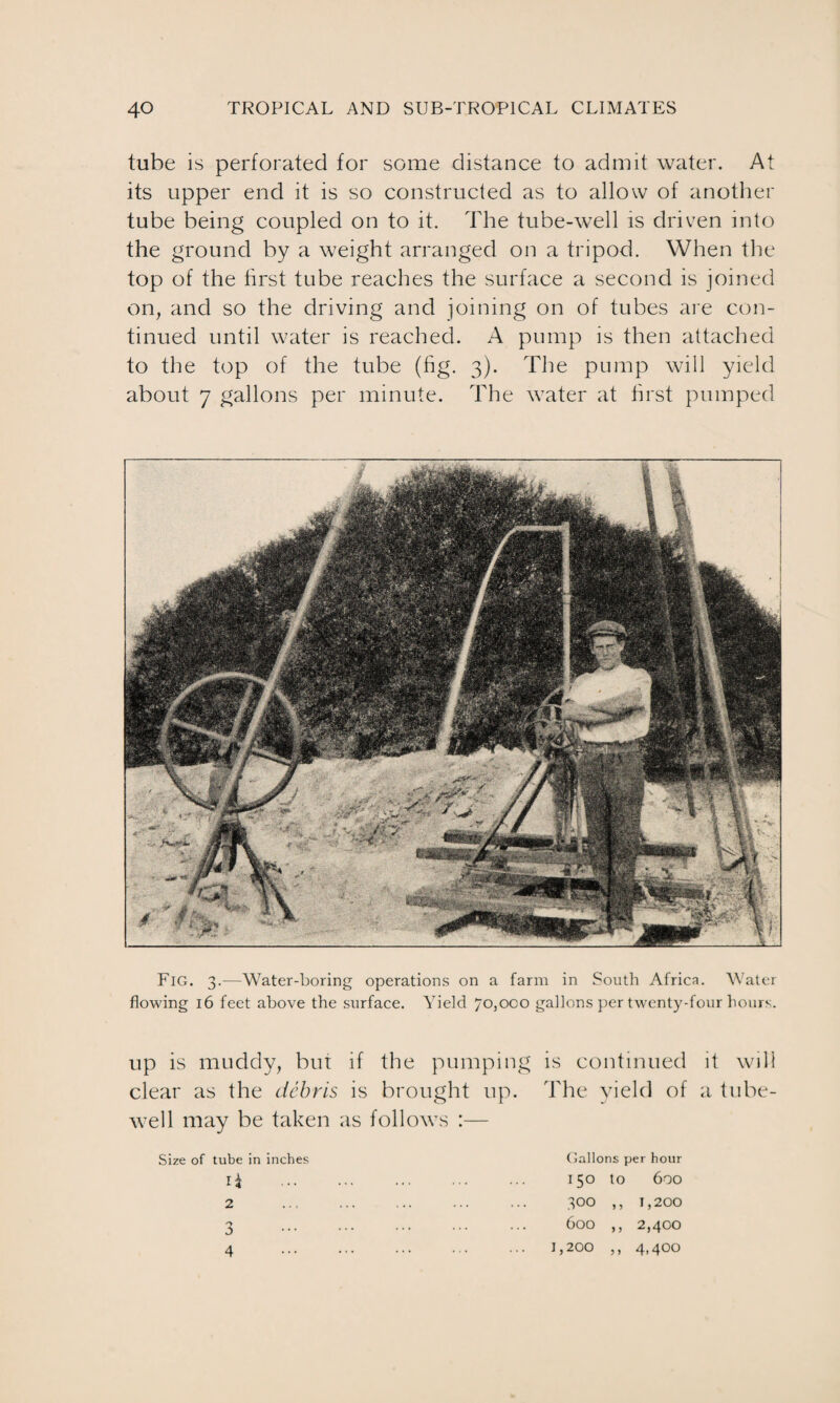 tube is perforated for some distance to admit water. At its upper end it is so constructed as to allow of another tube being coupled on to it. The tube-well is driven into the ground by a weight arranged on a tripod. When the top of the first tube reaches the surface a second is joined on, and so the driving and joining on of tubes are con¬ tinued until water is reached. A pump is then attached to the top of the tube (fig. 3). The pump will yield about 7 gallons per minute. The water at first pumped Fig. 3.—Water-boring operations on a farm in South Africa. Water flowing 16 feet above the surface. Abeld 70,000 gallons per twenty-four hours. up is muddy, bur if the pumping is continued it will clear as the debris is brought up. The yield of a tube- well may be taken as follows :— Size of tube in inches T S 1 4 2 5 4 Gallons per hour 150 to 600 300 ,, 1,200 600 ,, 2,400 1,200 ,, 4,400