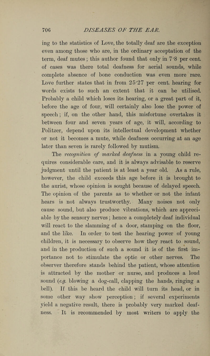 ing to the statistics of Love, the totally deaf are the exception even among those who are, in the ordinary acceptation of the term, deaf mutes ; this author found that only in 7'8 per cent, of cases was there total deafness for aerial sounds, while complete absence of bone conduction was even more rare. Love further states that in from 2 5 m2 7 per cent, hearing for words exists to such an extent that it can be utilised. Probably a child which loses its hearing, or a great part of it, before the age of four, will certainly also lose the power of speech; if, on the other hand, this misfortune overtakes it between four and seven years of age, it will, according to Politzer, depend upon its intellectual development whether or not it becomes a mute, while deafness occurring at an age later than seven is rarely followed by mutism. The recognition of marked deafness in a young child re¬ quires considerable care, and it is always advisable to reserve judgment until the patient is at least a year old. As a rule, however, the child exceeds this age before it is brought to the aurist, whose opinion is sought because of delayed speech. The opinion of the parents as to whether or not the infant hears is not always trustworthy. Many noises not only cause sound, but also produce vibrations, which are appreci¬ able by the sensory nerves ; hence a completely deaf individual will react to the slamming of a door, stamping on the floor, and the like. In order to test the hearing power of young children, it is necessary to observe how they react to sound, and in the production of such a sound it is of the first im¬ portance not to stimulate the optic or other nerves. The observer therefore stands behind the patient, whose attention is attracted by the mother or nurse, and produces a loud sound (e.g. blowing a dog-call, clapping the hands, ringing a bell). If this he heard the child will turn its head, or in some other way show perception; if several experiments yield a negative result, there is probably very marked deaf¬ ness. It is recommended by most writers to apply the