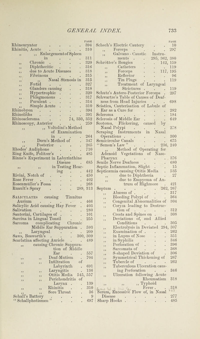 PAGE PAGE Rhineurynter .... 394 Schech’s Electric Cautery 10 Rhinitis, Acute .... 310 3 3 Forceps .... 297 „ ,, Enlargement of Spleen 3 y Galvano - Caustic Instru¬ in ... 311 ments . . 295, 362, 380 ,, Chronic .... 320 Sclirotter’s Bougies . . 142, 159 ,, Diphtheritic 316 3 3 Catheters 119 ,, clue to Acute Diseases 318 3 3 Forceps . . 117. 195 ,, Fibrinous 315 3 3 Reflector 96 ,, ,, Nasal Stenosis in 315 3 3 Tin Plugs 119 ,, Foetid .... 327 3 3 Treatment of Laryngeal ,, Glanders causing 318 Strictures . 119 ,, Hypertrophic . 320 Scliutz’s Antero-Posterior Forceps . 297 ,, Phlegmonous . 317 Sclnvartze’s Table of Causes of Deaf¬ ,, Purulent .... 314 ness from Head Injuries 698 ,, Simple Acute . 310 Sciatica, Cauterisation of Lobule of Rhinobyon ..... 394 Ear as a Cure for 282 Rhinoliths ..... 391 Scleroma ..... 184 Rhinoscleroma . . 74, 330, 352 Sclerosis of Middle Ear . 649 Rhinoscopy, Anterior 259 Scotoma , Flickering, caused by ,, ,, Yoltolini’s Method Nasal Polypi .... 278 of Examination Scraping Instruments in Nasal in . 264 Operations ..... 300 ,, Dorn’s Method of 347 Semicircular Canals 675 ,, Posterior 265 “ Semon’s Law ” . . . 236, 240 Rhodes’ Audiphone 710 3 3 Method of Operating for Ring Knife, Politzer’s 485 Adenoid Vegetations of Naso- Rinne’s Experiment in Labyrinthine Phary nx. 376 Disease 685 Senile Nerve Deafness 680 ,, ,, in Testing Hear¬ Septic Inflammation, Slight . 15 ing 442 Septicaemia causing Otitis Media 535 Rivini, Notch of 450 3 3 due to Diphtheria 27 Rose Fever ..... 402 3 3 due to Empyema of An¬ Rosenmiiller’s Fossa 268 trum of Highmore 421 Ruault’s Spray . . . 289, 313 Septum . 262, 267 3 3 Abscess of . 317 Salicylates causing Tinnitus 3 3 Bleeding Polypi of 364 Aurium ..... 466 3 3 Congenital Abnormalities of 304 Salicylic Acid causing Hay Fever . 403 3 3 Coryza leading to Destruc¬ Salivation ..... 280 tion of . 312 Santorini, Cartilages of . 101 3 3 Crests and Spines on . 308 Sarcina in Lingual Tonsil 255 } ? Deviations of, and Allied Sarcoma complicating Chronic Conditions 305 Middle Ear Suppuration . 593 3 3 Electrolysis in Deviated 294, 307 ,, Laryngeal 209 3 3 Examination of . 262 Saws, Bosworth’s . . . 300, 309 3 3 in Lupus of Nose 351 Scarlatina affecting Auricle 489 3 3 in Syphilis 346 ,, causing Chronic Suppura¬ 3 3 Perforation of 396 tion of Middle ) 5 Sarcomata of 368 Ear 557 3 3 S-shaped Deviation of 306 ,, ,, Deaf-Mutism 704 3 3 Symmetrical Thickening of 267 ,, ,, Infiltration of 3 3 Tubercle of 262 Labyrinth 691 3 3 Tuberculous Ulceration caus¬ ,, ,, Laryngitis 136 ing Perforation 346 ,, ,, Otitis Media 545, 557 3 3 Ulceration following Acute ,, ,, Perichondritis of Rheumatism 318 Larynx . 139 3 3 ,, ,, Typhoid ,, ,, Rhinitis 310 Fever . 318 ,, ,, Sore Throat 36 Serum, Excessive Flow of, in Nasal Mo Schall’s Battery .... 9 Disease ..... 277 “ Schallphotismen ” 697 Sharp Hooks ..... 485