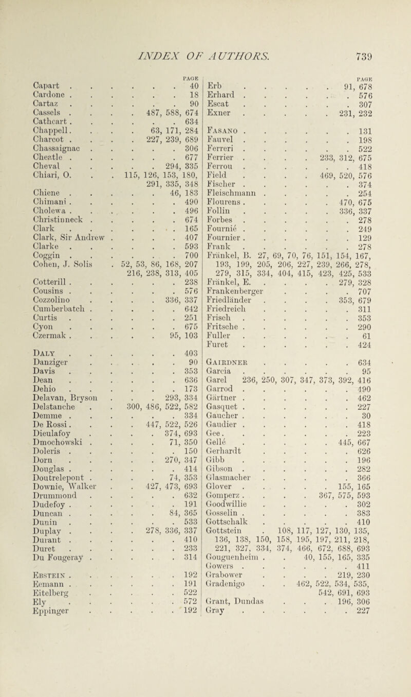 Capart Cardone . Cartaz Cassels . Cathcart. Chappell. Charcot . Chassaignac Cheatle . Cheval . Chiari, 0. Chiene Chimani . Cholewa . Christinneck Clark Clark, Sir Andrew Clarke Coggin . Cohen, J. Solis Cotterill . Cousins . Cozzolino Cumberbatch Curtis Cyon Czermak . Daly Danziger Davis Dean Deliio Delavan, Bryson Delstanche Demme . De Rossi. Dieulafoy Dmochowski Doleris . Dorn Douglas . Doutrelepont Downie, Walker Drummond Dudefoy Duncan Dunin Duplay Durant Duret Du Fougeray Ebstein . Eemann . Eitelberg Ely Eppinger PAGE 40 Erb 91, TAGE 678 a a 18 Erhard . 576 a 0 90 Escat 307 487, 588, 674 Exner . 231, 232 a 634 63, 171, 284 Fasano . . 131 227, 239, 689 Fauvel a 198 • • 306 Ferreri a 522 • . 677 Ferrier . 233, 312, 675 a 294, 335 Ferrou . 418 115, 126, 153, 180, Field 469 520, 576 291, 335, 348 Fischer . 374 46, 183 Fleischmann . 254 490 Flourens . . 470, 675 496 Follin 336, 337 674 Forbes . 278 • 165 Fournie . 249 407 Fournier . # . 129 593 Frank . 278 700 Frankel, B. 27, 69, 70 , 76, 151, 154, 167, 52, 53, 86, 168, 207 193, 199, 205, 206, 227, 239, 266, 278, 216, 238, 313, 405 279, 315, 334, 404, 415, 423, 425, 533 a , 238 Frankel, E. 279, 328 , a 576 Frank enberger 707 a 336, 337 Friedliinder 353, 679 a a 642 Friedreich 311 a 251 Frisch 353 a a 675 Fritsche . . 290 • 95, 103 Fuller 61 Furet 424 . 403 • 90 Gairdner 634 • 353 Garcia . 95 a 636 Garel 236 , 250, 307 347 313, 392, 416 a 173 Garrod . . 490 a 293, 334 Gartner . 462 300, 486, 522, 582 Gasquet . , 227 a a 334 Gaucher . # 30 447, 522, 526 Gaudier . 418 a 374, 693 Gee. 223 a 71, 350 Gelle 445, 667 , 150 Gerhardt # 626 , 270, 347 Gibb 196 , 414 Gibson . 282 74, 353 Glasmacher . 366 427, 473, 693 Glover 155, 165 • • 632 Gomperz . 367, 575, 593 , 191 Goodwillie a 302 , 84, 365 Gosselin . . 383 , 533 Gottschalk 410 278, 336, 337 Gottstein 108, 117, 127, 130, 135, a a 410 136, 138, 150, 158, 195, 197, 211, 218, a a 233 221, 327, 334, 374, 466, 672, 688, 693 • . 314 Gouguenheim . . 40, 155, 165, 335 Gowers . . • . 411 . . 192 Grabower a , a 219, 230 • . 191 Gradenigo a , 462, 522, 534, 535, , . 522 542, 691, 693 , • 572 Grant, Dund as # a 196, 306 • . 192 Gray . . . . • 227