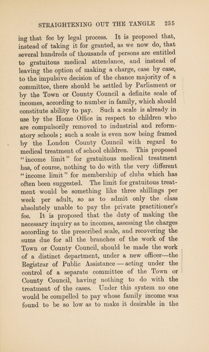 ing that fee by legal process. It is proposed that, instead of taking it for granted, as we now do, that several hundreds of thousands of persons are entitled to gratuitous medical attendance, and instead of leaving the option of making a charge, case by case, to the impulsive decision of the chance majority of a committee, there should be settled by Parliament or by the Town or County Council a definite scale of incomes, according to number in family, which should constitute ability to pay. Such a scale is already in use by the Home Office in respect to children who are compulsorily removed to industrial and reform¬ atory schools ; such a scale is even now being framed by the London County Council with regard to medical treatment of school children. This proposed “income limit” for gratuitous medical treatment has, of course, nothing to do with the very different “ income limit ” for membership of clubs which has often been suggested. The limit for gratuitous treat¬ ment would be something like three shillings per week per adult, so as to admit only the class absolutelv unable to pay the private practitioner s fee. It is proposed that the duty of making the necessary inquiry as to incomes, assessing the charges according to the prescribed scale, and recovering the sums due for all the branches of the work of the Town or County Council, should be made the work of a distinct department, under a new officer—the Registrar of Public Assistance — acting under the control of a separate committee of the Town or County Council, having nothing to do with the treatment of the cases. Under this system no one would be compelled to pay whose family income was found to be so low as to make it desirable in the