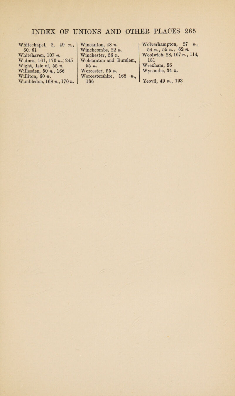 Whitechapel, 2, 49 n., 60, 61 Whitehaven, 107 n. Widnes, 161, 170 w., 245 Wight, Isle of, 55 n. Willesden, 50 n., 166 Williton, 60 n. Wimbledon, 168 n., 170 n. Wincanton, 48 n. Winchcombe, 22 n. Winchester, 56 n. Wolstanton and Burslem, 55 n. Worcester, 55 n. Worcestershire, 168 n., 186 Wolverhampton, 27 n., 54 n., 55 n., 62 n. Woolwich, 28,167 n., 114, 181 Wrexham, 56 Wycombe, 34 n. Yeovil, 49 n., 193