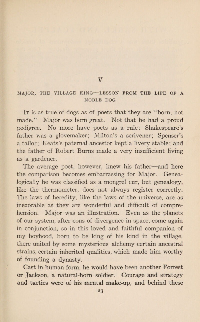 V MAJOR, THE VILLAGE KING—LESSON FROM THE LIFE OF A NOBLE DOG It is as true of dogs as of poets that they are “born, not made.” Major was born great. Not that he had a proud pedigree. No more have poets as a rule: Shakespeare’s father was a glovemaker; Milton’s a scrivener; Spenser’s a tailor; Keats’s paternal ancestor kept a livery stable; and the father of Robert Burns made a very insufficient living as a gardener. The average poet, however, knew his father—and here the comparison becomes embarrassing for Major. Genea¬ logically he was classified as a mongrel cur, but genealogy, like the thermometer, does not always register correctly. The laws of heredity, like the laws of the universe, are as inexorable as they are wonderful and difficult of compre¬ hension. Major was an illustration. Even as the planets of our system, after eons of divergence in space, come again in conjunction, so in this loved and faithful companion of my boyhood, born to be king of his kind in the village, there united by some mysterious alchemy certain ancestral strains, certain inherited qualities, which made him worthy of founding a dynasty. Cast in human form, he would have been another Forrest or Jackson, a natural-born soldier. Courage and strategy and tactics were of his mental make-up, and behind these