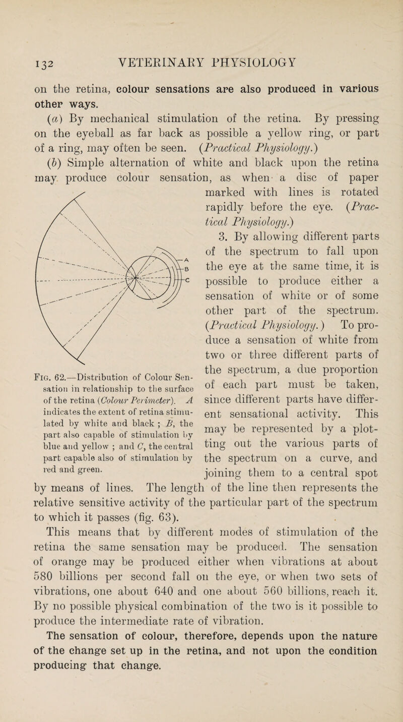 on the retina, colour sensations are also produced in various other ways. (a) By mechanical stimulation of the retina. By pressing on the eyeball as far back as possible a yellow ring, or part of a ring, may often be seen. (Practical Physiology.) (b) Simple alternation of white and black upon the retina may produce colour sensation, as when a disc of paper marked with lines is rotated rapidly before the eye. (Prac¬ tical Physiology.) 3. By allowing different parts of the spectrum to fall upon the eye at the same time, it is possible to produce either a sensation of white or of some other part of the spectrum. (.Practical Physiology.) To pro¬ duce a sensation of white from two or three different parts of the spectrum, a due proportion of each part must be taken, since different parts have differ¬ ent sensational activity. This may be represented by a plot¬ ting out the various parts of the spectrum on a curve, and joining them to a central spot by means of lines. The length of the line then represents the relative sensitive activity of the particular part of the spectrum to which it passes (fig. 63). This means that by different modes of stimulation of the retina the same sensation may be produced. The sensation of orange may be produced either when vibrations at about 580 billions per second fall on the eye, or when two sets of vibrations, one about 640 and one about 560 billions, reach it. By no possible physical combination of the two is it possible to produce the intermediate rate of vibration. The sensation of colour, therefore, depends upon the nature of the change set up in the retina, and not upon the condition producing that change. Fig. 62.—Distribution of Colour Sen¬ sation in relationship to the surface of the retina (Colour Perimeter). A indicates the extent of retina stimu¬ lated by white and black ; B, the part also capable of stimulation by blue and yellow ; and C, the central part capable also of stimulation by red and green.