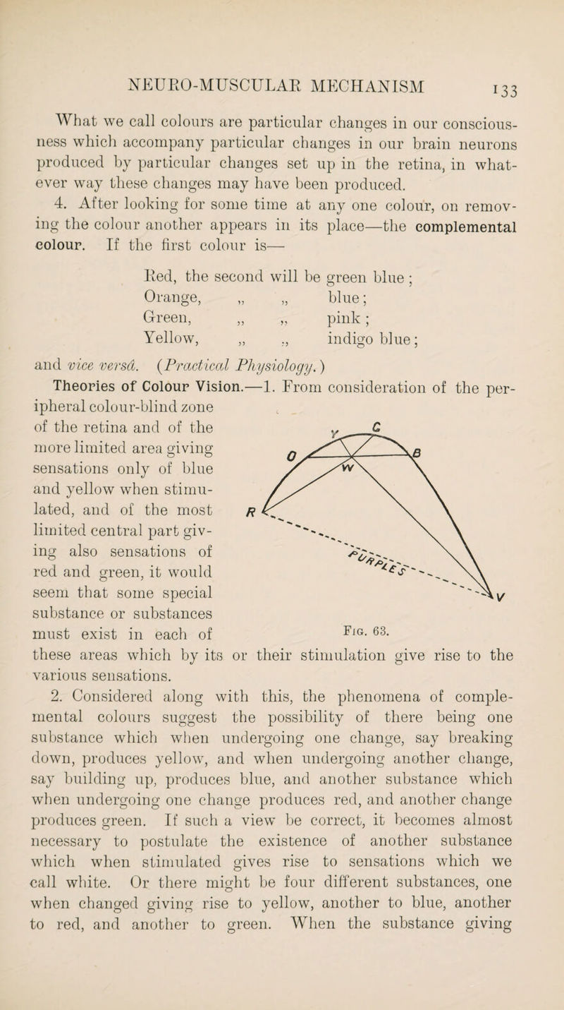 What we call colours are particular changes in our conscious¬ ness which accompany particular changes in our brain neurons produced by particular changes set up in the retina, in what¬ ever way these changes may have been produced. 4. After looking for some time at any one colour, on remov¬ ing the colour another appears in its place—the eomplemental colour. If the first colour is— Red, the second will be green blue ; Orange, „ „ blue; Green, „ „ pink; Yellow, „ ., indigo blue; Fig. 63. and vice versa. (Practical Physiology.) Theories of Colour Vision.—1. From consideration of the per¬ ipheral colour-blind zone of the retina and of the more limited area giving sensations only of blue and yellow when stimu¬ lated, and of the most limited central part giv¬ ing also sensations of red and green, it would seem that some special substance or substances must exist in each of these areas which by its or their stimulation give rise to the various sensations. 2. Considered along with this, the phenomena of comple- mental colours suggest the possibility of there being one substance which when undergoing one change, say breaking down, produces yellow, and when undergoing another change, say building up, produces blue, and another substance which when undergoing one change produces red, and another change produces green. If such a view be correct, it becomes almost necessary to postulate the existence of another substance which when stimulated gives rise to sensations which we call white. Or there might be four different substances, one when changed giving rise to yellow, another to blue, another to red, and another to green. When the substance giving
