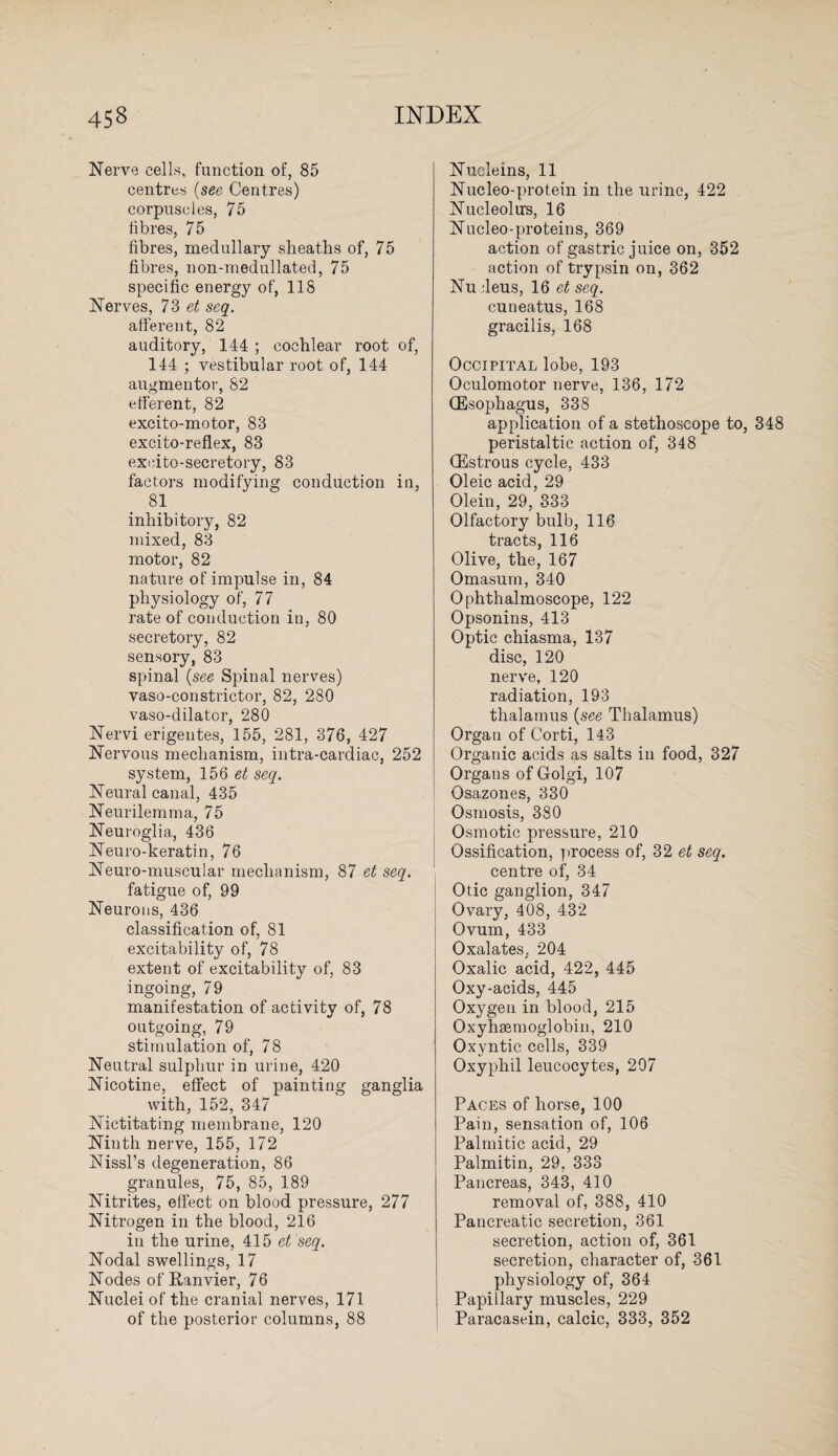 Nerve cells, function of, 85 centres (see Centres) corpuscles, 75 fibres, 75 fibres, medullary sheaths of, 75 fibres, non-medullated, 75 specific energy of, 118 Nerves, 73 et seq. afferent, 82 auditory, 144 ; cochlear root of, 144 ; vestibular root of, 144 augmentor, 82 efferent, 82 excito-motor, 83 excito-reflex, 83 excito-secretory, 83 factors modifying conduction in, 81 inhibitory, 82 mixed, 83 motor, 82 nature of impulse in, 84 physiology of, 77 rate of conduction in, 80 secretory, 82 sensory, 83 spinal (see Spinal nerves) vaso-constrictor, 82, 280 vaso-dilator, 280 Nervi erigentes, 155, 281, 376, 427 Nervous mechanism, intra-cardiac, 252 system, 15Q et seq. Neural canal, 435 Neurilemma, 75 Neuroglia, 436 Neuro-keratin, 76 Neuro-muscular mechanism, 87 et seq. fatigue of, 99 Neurons, 436 classification of, 81 excitability of, 78 extent of excitability of, 83 ingoing, 79 manifestation of activity of, 78 outgoing, 79 stimulation of, 78 Neutral sulphur in urine, 420 Nicotine, effect of painting ganglia with, 152, 347 Nictitating membrane, 120 Ninth nerve, 155, 172 Nissl’s degeneration, 86 granules, 75, 85, 189 Nitrites, effect on blood pressure, 277 Nitrogen in the blood, 216 in the urine, 415 et seq. Nodal swellings, 17 Nodes of Ranvier, 76 Nuclei of the cranial nerves, 171 of the posterior columns, 88 Nucleins, 11 Nucleo-protein in the urine, 422 Nucleolus, 16 Nucleo-proteins, 369 action of gastric juice on, 352 action of trypsin on, 362 Nu ileus, 16 et seq. cuueatus, 168 gracilis, 168 Occipital lobe, 193 Oculomotor nerve, 136, 172 GEsophagus, 338 application of a stethoscope to, 348 peristaltic action of, 348 (Estrous cycle, 433 Oleic acid, 29 Olein, 29, 333 Olfactory bulb, 116 tracts, 116 Olive, the, 167 Omasum, 340 Ophthalmoscope, 122 Opsonins, 413 Optic chiasma, 137 disc, 120 nerve, 120 radiation, 193 thalamus (see Thalamus) Organ of Corti, 143 Organic acids as salts in food, 327 Organs of Golgi, 107 Osazones, 330 Osmosis, 380 Osmotic pressure, 210 Ossification, process of, 32 et seq. centre of, 34 Otic ganglion, 347 Ovary, 408, 432 Ovum, 433 Oxalates, 204 Oxalic acid, 422, 445 Oxy-acids, 445 Oxygen in blood, 215 Oxyhsemoglobin, 210 Oxyntic cells, 339 Oxyphil leucocytes, 207 Paces of horse, 100 Pain, sensation of, 106 Palmitic acid, 29 Palmitin, 29, 333 Pancreas, 343, 410 removal of, 388, 410 Pancreatic secretion, 361 secretion, action of, 361 secretion, character of, 361 physiology of, 364 Papillary muscles, 229 Paracasein, calcic, 333, 352