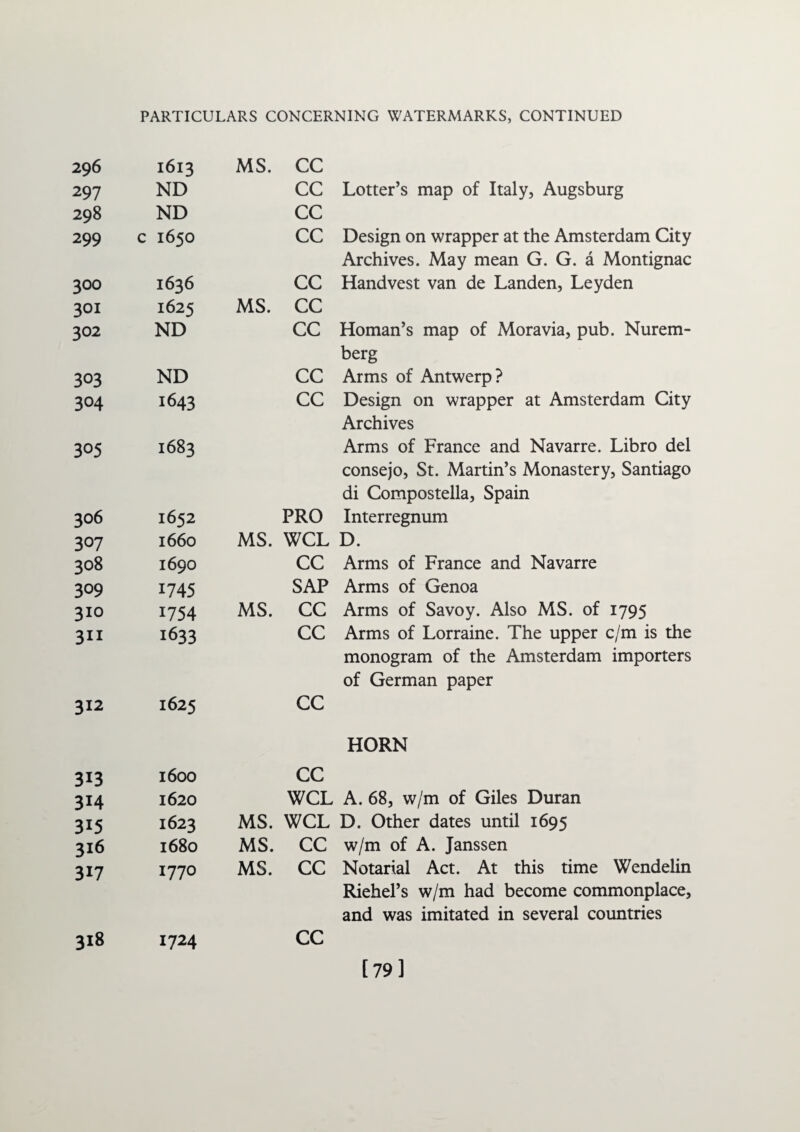 296 1613 MS. CC 297 ND CC Lotter’s map of Italy, Augsburg 298 ND CC 299 c 1650 CC Design on wrapper at the Amsterdam City Archives. May mean G. G. a Montignac 300 1636 CC Handvest van de Landen, Leyden 301 1625 MS. CC 302 ND CC Homan’s map of Moravia, pub. Nurem¬ berg 303 ND CC Arms of Antwerp? 304 1643 CC Design on wrapper at Amsterdam City Archives 305 1683 Arms of France and Navarre. Libro del consejo, St. Martin’s Monastery, Santiago di Compostella, Spain 306 1652 PRO Interregnum 307 1660 MS. WCL D. 308 1690 CC Arms of France and Navarre 309 1745 SAP Arms of Genoa 310 1754 MS. CC Arms of Savoy. Also MS. of 1795 311 1633 CC Arms of Lorraine. The upper c/m is the monogram of the Amsterdam importers of German paper 312 1625 CC HORN 313 1600 CC 314 1620 WCL A. 68, w/m of Giles Duran 315 1623 MS. WCL D. Other dates until 1695 316 1680 MS. CC w/m of A. Janssen 317 1770 MS. CC Notarial Act. At this time Wendelin Riehel’s w/m had become commonplace, and was imitated in several countries 318 1724 CC [79]