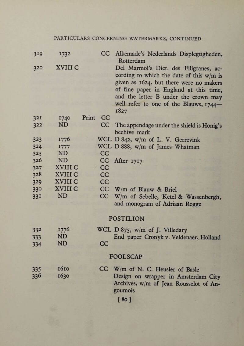 319 320 321 322 323 324 325 326 327 328 329 33° 33i 332 333 334 335 336 PARTICULARS CONCERNING WATERMARKS, CONTINUED 1732 XVIII c 1740 ND 1776 1777 ND ND XVIII C XVIII C XVIII C XVIII C ND 1776 ND ND 1610 1630 CC Alkemade’s Nederlands Displegtigheden, Rotterdam Del Marmol’s Diet, des Filigranes, ac¬ cording to which the date of this w/m is given as 1624, but there were no makers of fine paper in England at this time, and the letter B under the crown may well refer to one of the Blauws, 1744— 1827 Print CC CC The appendage under the shield is Honig’s beehive mark WCL D 842, w/m of L. V. Gerrevink WCL D 888, w/m of James Whatman CC CC After 1717 CC CC CC CC W/m of Blauw & Briel CC W/m of Sebelle, Ketel & Wassenbergh, and monogram of Adriaan Rogge POSTILION WCL D 875, w/m of J. Villedary End paper Cronyk v. Veldenaer, Holland CC FOOLSCAP CC W/m of N. C. Heusler of Basle Design on wrapper in Amsterdam City Archives, w/m of Jean Rousselot of An- goumois [80]