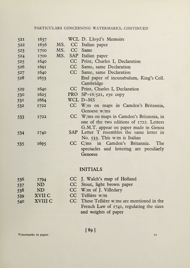 521 1637 WCL D. Lloyd’s Memoirs 522 1656 MS. CC Italian paper 523 1700 MS. CC Same 524 1700 MS. SAP Italian paper 525 1640 CC Print, Charles I, Declaration 526 1691 CC Same, same Declaration 527 1640 CC Same, same Declaration 528 1653 End paper of incunabulum, King’s Coll. Cambridge 529 1640 CC Print, Charles I, Declaration 530 1625 PRO SP-16/521, eye copy 531 1664 WCL D-MS 532 1722 CC W/m on maps in Camden’s Britannia, Genoese w/ms 533 1722 CC W/ms on maps in Camden’s Britannia, in one of the two editions of 1722. Letters G.M.T. appear on paper made in Genoa 534 1740 SAP Letter T resembles the same letter in No. 533. This w/m is Italian 535 1695 CC C/ms in Camden’s Britannia. The spectacles and lettering are peculiarly Genoese INITIALS 536 1794 CC J. Walch’s map of Holland 537 ND CC Stout, light brown paper 538 ND CC W/m of J. Villedary 539 XVII C CC Telliere w/m 540 XVIII C CC These Telliere w/ms are mentioned in the French Law of 1741, regulating the sizes and weights of paper Watermarks in paper. [89] 12