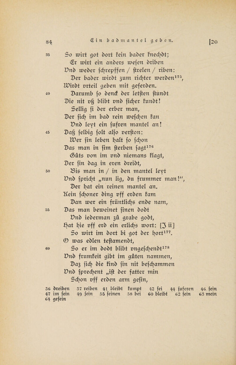 €tn b a b nt anfei geben. 35 So tritt got bort fein habet fneäjbi) €r tritt ein anbets trefen hüben Dnb webet fd?repffen / fttelen / tiben: Det habet witbi 3um ticktet tnerben175, IDitbt rtteil geben mit gefetbem 40 I)atumb fo benct bet letften ftunbt Die nit r§ blibt mb fielet funbt! Seilig fi bet etbet man, Der fid? im bab rein tnefcfyen tan Dnb leyt ein fuften mantel an! 45 Da£ felbig folt alfo rerfton: VOet fin leben fyalt fo fcfyon Das man in fim fterben fagt176 (Mts ron im mb niemans flagt, Det fin bag in eten breibt, 50 23is man in / in ben mantel leyt Dnb fpricfyt „nun lig, bu ftummet man!, Det fyat ein reinen mantel an. Kein fronet bing rff erben tarn Dan tuet ein früntlicfys enbe nam, 55 Das man beweinet finen hobt Dnb iebetman 3Ü grabe gobt, b?at fyie rff erb ein erlicfys trort: [3 ii] So tritt im bort bi got bet fyott177. © tras eblen teftamenbt, 60 So et im hobt blibt rngefcfyenbt178 Vnb frumteit gibt im güten nammen, Da3 fid? bie finb fin nit befcfyammen Dnb fprecfyent „ift bet fatter min Sd?on rff erben arm gefin, 36 breiben 37 reiben 4t bleibt fumpt 42 fei 44 fuferen 47 im fein 49 fein 55 feinen 58 bei 60 bleibt 62 fein 64 gefein 46 fein 63 mein