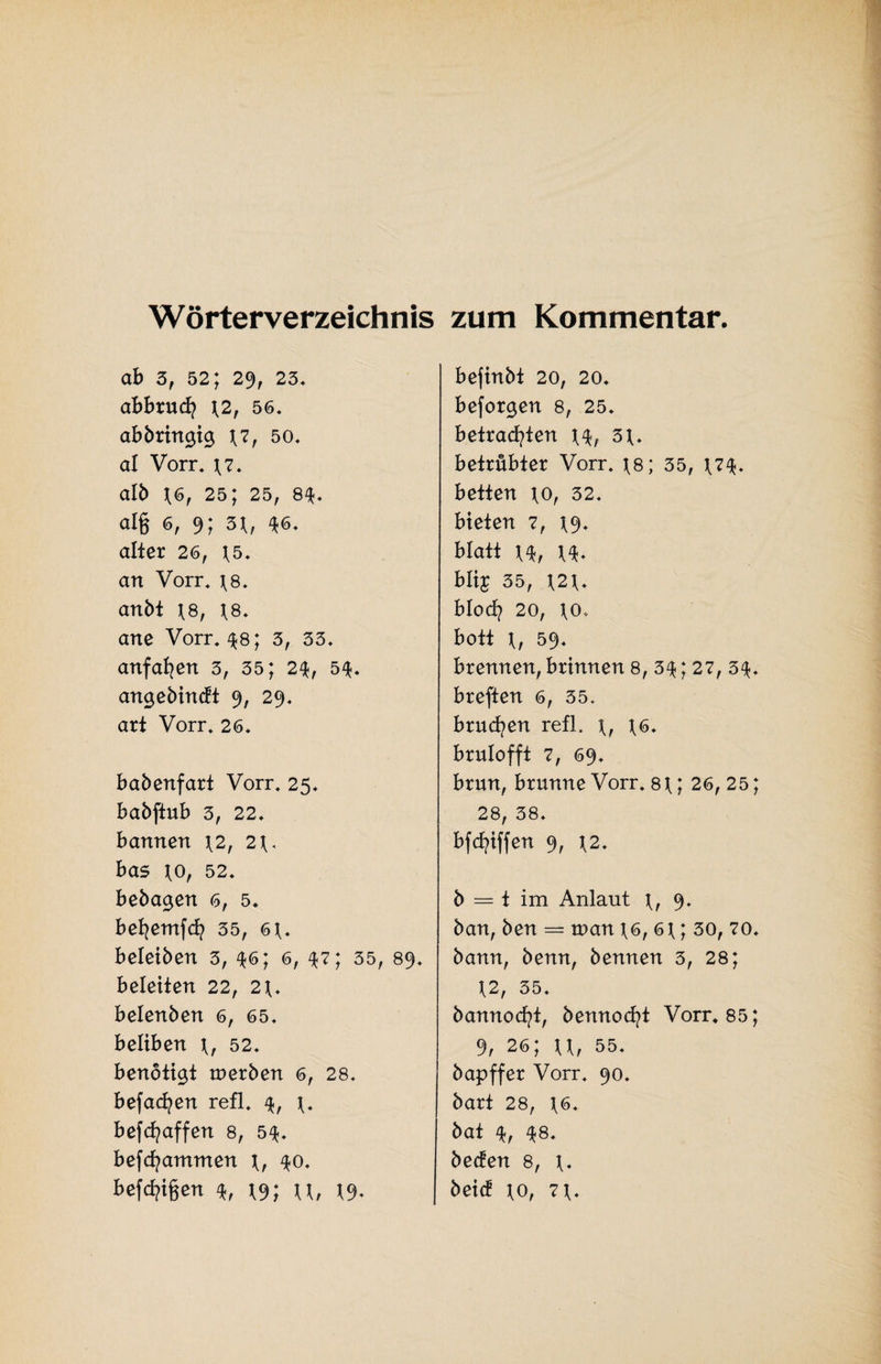 Wörterverzeichnis zum Kommentar. ab 3, 52; 29, 23* abbruch \2r 56. abbringig \?f 50. al Vorr. \7. alb \6, 25; 25, 84. al§ 6, 9; 3\, ^6. alter 26, f5. an Vorr. \8. anbt ^8, \8. ane Vorr. 48; 3, 33. anfafjen 3, 35; 24, 54. angebinctt 9, 29. art Vorr. 26. babenfart Vorr. 25. babftub 3, 22. bannen \2, 2\< bas \o, 52. behagen 6, 5. befyemfcfy 35, 6\. beleihen 3, 46; 6, 47; 35, 89. beleiten 22, 2\. belenben 6, 65. beliben t, 52. benötigt tnerben 6, 28. befaßen refl. 4, t. befc^affen 8, 5$. befcfyammen $o. Befolgen <*, ^9; u, 19. befinbt 20, 20. beforgen 8, 25. betrachten \%f 3\. betrübter Vorr. \8; 35, \7^. betten \o, 32. bieten 7, t9- blatt u* blij 35, \2\. blöd? 20, bott 59. brennen, brinnen 8, 34; 27, 3$. breften 6, 35. brüten refl. \6. brulofft 7, 69. brun, brunne Vorr. 8\; 26, 25; 28, 38. bfchiffen 9, \2. b = t im Anlaut 9. ban, ben = n>an \<5,6\; 30, 70. bann, benn, bennen 3, 28; *2, 35. bannocht, bennocht Vorr. 85; 9, 26; x\f 55. bapffer Vorr. 90. hart 28, \6. bat 4, 48. becfen 8, f. beicf to, 7\.