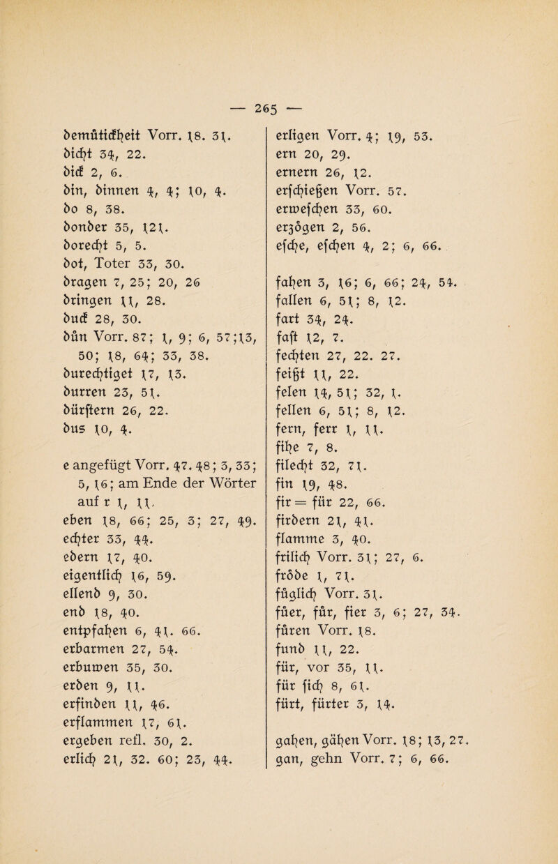 bemütidiheit Vorr, \8. 3 t» bicht 34, 22. bicf 2, 6, bin, binnen 4, 4; to, 4. bo 8, 38. bonber 35, \2\. borecfyt 5, 5. bot, Toter 33, 30. braten 7, 25; 20, 26 bringen \\, 28. bucf 28, 30. bün Vorr. 87; 9; 6, 57;t3, 50; \8, 64; 33, 38. burecfytiget \7, \3. burren 23, 5t» bürftern 26, 22. bus \0, 4. e angefügt Vorr. $7. 48; 3, 33; 5, \6; am Ende der Wörter auf r t V eben \8, 66; 25, 5; 27, $9. echter 33, 44- ebern t?, 40. eigentlich t6, 59. ellenb 9, 30. enb tö, 40. entpfafjen 6, 4t» 66. erbarmen 27, 54. erbumen 35, 30. erben 9, tt- erfinben \\, 46. erflammen \7, 6t» ergeben refl. 30, 2. erlid? 2t, 32. 60; 23, $4. erligen Vorr. 4; t9, 53. ern 20, 29. ernern 26, t2. erfliegen Vorr. 57. ertnefchen 33, 60. exogen 2, 56. efd/e, efchen 4, 2; 6, 66. fallen 3, t6; 6, 66; 2\, 54. fallen 6, 5t; 8, t2. fart 3$, 2$. faft t2, 7. fechten 27, 22. 27. feißt tt, 22. feien t4, 5t; 32, t» feilen 6, 5t; 8, t2» fern, ferr tt* fifye 7, 8. filecht 32, 7t» fin t9; *8. fir = für 22, 66. firbern 2t, 4t* flamme 3, 40» frilich Vorr. 3t; 27, 6. frobe tr 2t» füglich Vorr. 3t» füer, für, fier 3, 6; 27, 34. füren Vorr. t8. funb 22. für, vor 35, tt» für fich 8, 6t» fürt, fürter 3, t4» gaben, gäben Vorr. tö; t3, 27, gan, gehn Vorr, 7; 6, 66.