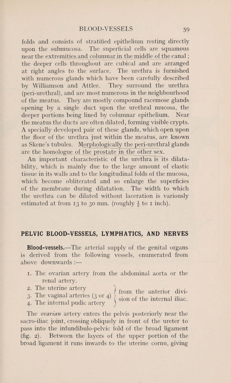 folds and consists of stratified epithelium resting directly upon the submucosa. The superficial cells are squamous near the extremities and columnar in the middle of the canal; the deeper cells throughout are cubical and are arranged at right angles to the surface. The urethra is furnished with numerous glands which have been carefully described by Williamson and Attlee. They surround the urethra (peri-urethral), and are most numerous in the neighbourhood of the meatus. They are mostly compound racemose glands opening by a single duct upon the urethral mucosa, the deeper portions being lined by columnar epithelium. Near the meatus the ducts are often dilated, forming visible crypts. A specially developed pair of these glands, which open upon the floor of the urethra just within the meatus, are known as Skene’s tubules. Morphologically the peri-urethral glands are the homologue of the prostate in the other sex. An important characteristic of the urethra is its dilata- bility, which is mainly due to the large amount of elastic tissue in its walls and to the longitudinal folds of the mucosa, which become obliterated and so enlarge the superficies of the membrane during dilatation. The width to which the urethra can be dilated without laceration is variously estimated at from 13 to 30 mm. (roughly ^ to 1 inch). PELVIC BLOOD-VESSELS, LYMPHATICS, AND NERVES Blood-vessels.—The arterial supply of the genital organs is derived from the following vessels, enumerated from above downwards :— 1. The ovarian artery from the abdominal aorta or the renal artery. 2. The uterine artery 3. The vaginal arteries (3 or 4) 4. The internal pudic artery The ovarian artery enters the pelvis posteriorly near the sacro-iliac joint, crossing obliquely in front of the ureter to pass into the infundibulo-pelvic fold of the broad ligament (fig. 2). Between the layers of the upper portion of the broad ligament it runs inwards to the uterine cornu, giving ( from the anterior divi- f sion of the internal iliac.