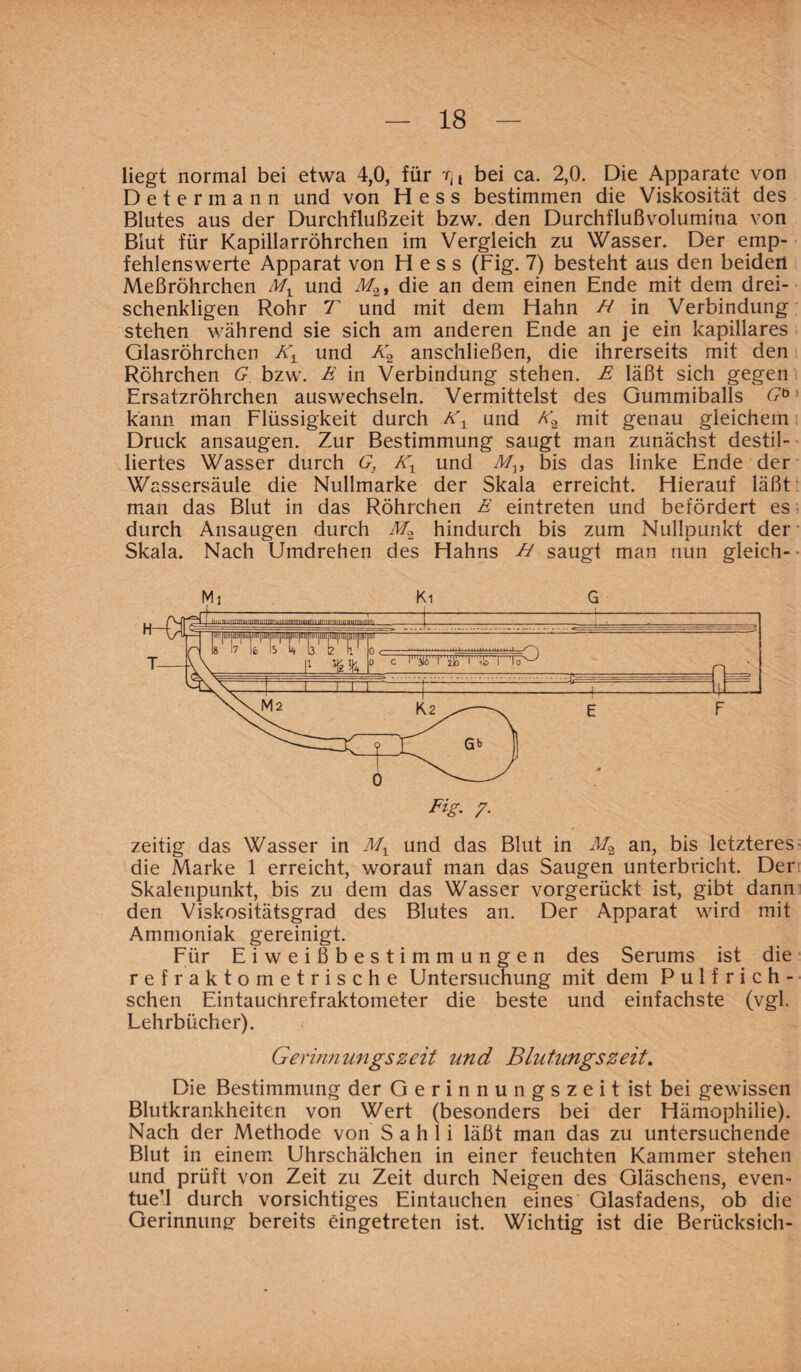 liegt normal bei etwa 4,0, für rt, bei ca. 2,0. Die Apparate von Determann und von Hess bestimmen die Viskosität des Blutes aus der Durchflußzeit bzw. den Durchflußvolumina von Blut für Kapillarröhrchen im Vergleich zu Wasser. Der emp¬ fehlenswerte Apparat von Hess (Fig. 7) besteht aus den beiden Meßröhrchen Mx und M2i die an dem einen Ende mit dem drei- schenkligen Rohr T und mit dem Hahn 77 in Verbindung stehen während sie sich am anderen Ende an je ein kapillares Glasröhrchen Kx und A2 anschließen, die ihrerseits mit den Röhrchen G bzw. E in Verbindung stehen. E läßt sich gegen Ersatzröhrchen auswechseln. Vermittelst des Gummiballs G* kann man Flüssigkeit durch Ex und K2 mit genau gleichem Druck ansaugen. Zur Bestimmung saugt man zunächst destil¬ liertes Wasser durch G, Kx und Mx, bis das linke Ende der Wassersäule die Nullmarke der Skala erreicht. Hierauf läßt man das Blut in das Röhrchen E eintreten und befördert es durch Ansaugen durch M2 hindurch bis zum Nullpunkt der Skala. Nach Umdrehen des Hahns U saugt man nun gleich- • Mi Ki G zeitig das Wasser in Mx und das Blut in A/2 an, bis letzteres die Marke 1 erreicht, worauf man das Saugen unterbricht. Dert Skalenpunkt, bis zu dem das Wasser vorgerückt ist, gibt dann den Viskositätsgrad des Blutes an. Der Apparat wird mit Ammoniak gereinigt. Für Eiweißbestimmungen des Serums ist die refraktomet rische Untersuchung mit dem P u 1 f r i c h - sehen Eintauchrefraktometer die beste und einfachste (vgl. Lehrbücher). r Gerinnungszeit und Blutungszeit. Die Bestimmung der Gerinnungszeit ist bei gewissen Blutkrankheiten von Wert (besonders bei der Hämophilie). Nach der Methode von Sahli läßt man das zu untersuchende Blut in einem Uhrschälchen in einer feuchten Kammer stehen und prüft von Zeit zu Zeit durch Neigen des Gläschens, even- tue’l durch vorsichtiges Eintauchen eines Glasfadens, ob die Gerinnung bereits eingetreten ist. Wichtig ist die Berücksich-