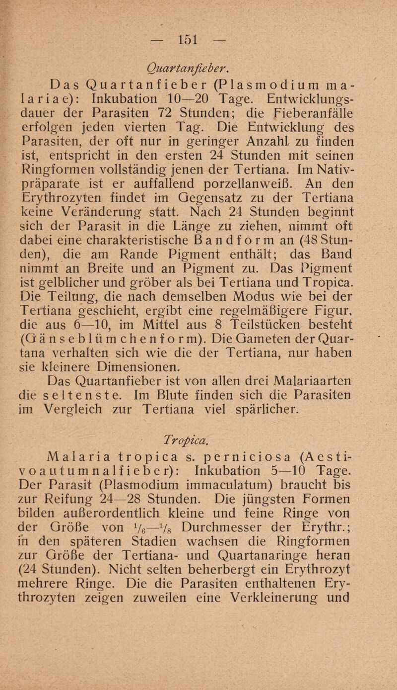 Quart anfieber. Das Quartanfieber (Plasmodium ma¬ la r i a e): Inkubation 10—20 Tage. Entwicklungs¬ dauer der Parasiten 72 Stunden; die Fieberanfälle erfolgen jeden vierten Tag. Die Entwicklung des Parasiten, der oft nur in geringer AnzahL zu finden ist, entspricht in den ersten 24 Stunden mit seinen Ringformen vollständig jenen der Tertiana. Im Nativ¬ präparate ist er auffallend porzellanweiß. An den Erythrozyten findet im Gegensatz zu der Tertiana keine Veränderung statt. Nach 24 Stunden beginnt sich der Parasit in die Länge zu ziehen, nimmt oft dabei eine charakteristische Bandform an (48Stun¬ den), die am Rande Pigment enthält; das Band nimmt an Breite und an Pigment zu. Das Pigment ist gelblicher und gröber als bei Tertiana und Tropica. Die Teilung, die nach demselben Modus wie bei der Tertiana geschieht, ergibt eine regelmäßigere Figur, die aus 6—10, im Mittel aus 8 Teilstücken besteht (Gänseblümchenform). Die Gameten der Quar- tana verhalten sich wie die der Tertiana, nur haben sie kleinere Dimensionen. Das Quartanfieber ist von allen drei Malariaarten die seltenste. Im Blute finden sich die Parasiten im Vergleich zur Tertiana viel spärlicher. Tropica. Malaria tropica s. perniciosa (Aesti- voautumnalfieber): Inkubation 5—10 Tage. Der Parasit (Plasmodium immaculatum) braucht bis zur Reifung 24—28 Stunden. Die jüngsten Formen bilden außerordentlich kleine und feine Ringe von der Größe von V6—Vs Durchmesser der Erythr.; in den späteren Stadien wachsen die Ringformen zur Größe der Tertiana- und Quartanaringe heran (24 Stunden). Nicht selten beherbergt ein Erythrozyt mehrere Ringe. Die die Parasiten enthaltenen Ery¬ throzyten zeigen zuweilen eine Verkleinerung und