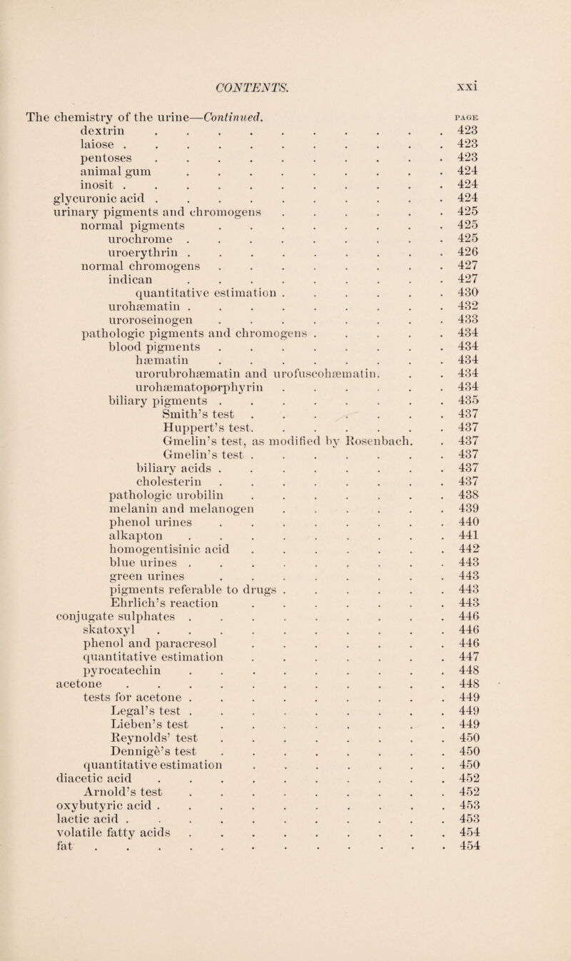 The chemistry of the urine—Continued. page dextrin .......... 423 laiose ........... 423 pentoses .......... 423 animal gum ......... 424 inosit ........... 424 glycuronic acid .......... 424 urinary pigments and chromogens ...... 425 normal pigments ........ 425 urochrome ......... 425 uroerythrin ......... 426 normal chromogens ........ 427 indican ......... 427 quantitative estimation ...... 430 urohsematin ......... 432 uroroseinogen ........ 433 pathologic pigments and chromogens ..... 434 blood pigments ........ 434 hsematin ........ 434 urorubrohsematin and urofuscohsematin. . . 434 urohsematoporphyrin ...... 434 biliary pigments ........ 435 Smith’s test ....... 437 Huppert’s test. ...... 437 Gmelin’s test, as modified by Rosenbach. . 437 Gmelin’s test ....... 437 biliary acids ........ 437 cholesterin ........ 437 pathologic urobilin ....... 438 melanin and melanogen ...... 439 phenol urines ........ 440 alkapton ......... 441 homogentisinic acid ....... 442 blue urines ......... 443 green urines ........ 443 pigments referable to drugs ...... 443 Ehrlich’s reaction ....... 443 conjugate sulphates ......... 446 skatoxyl .......... 446 phenol and paracresol ....... 446 quantitative estimation ....... 447 pyrocatechin ......... 448 acetone ........... 448 tests for acetone ......... 449 Legal’s test ......... 449 Lieben’s test ........ 449 Reynolds’ test ........ 450 Dennige’s test ........ 450 quantitative estimation ....... 450 diacetic acid .......... 452 Arnold’s test ......... 452 oxybutyric acid .......... 453 lactic acid ........... 453 volatile fatty acids ......... 454 fat ............ 454