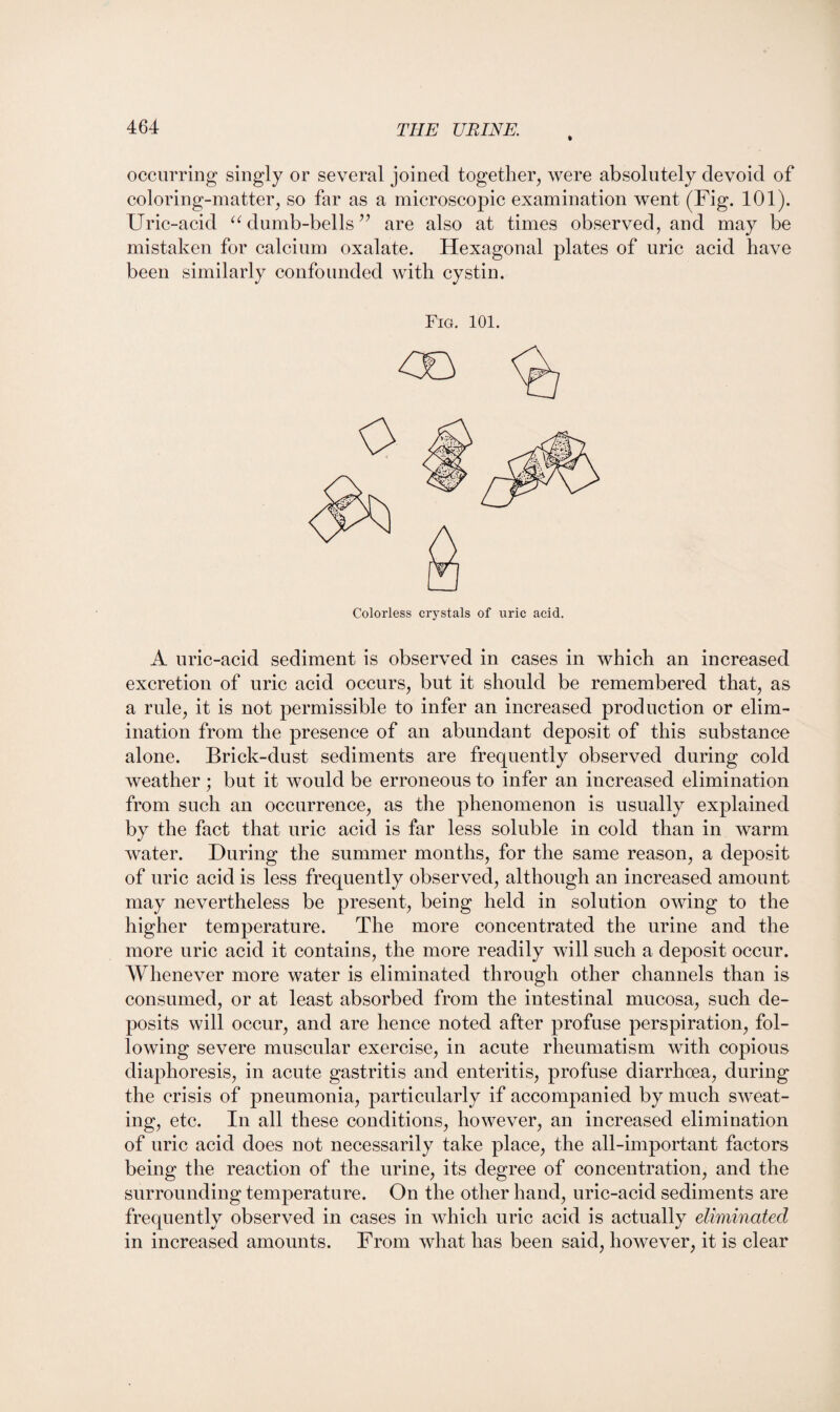 % occurring singly or several joined together, were absolutely devoid of coloring-matter, so far as a microscopic examination went (Fig. 101). Uric-acid “dumb-bells” are also at times observed, and may be mistaken for calcium oxalate. Hexagonal plates of uric acid have been similarly confounded with cystin. Fig. 101. Colorless crystals of uric acid. A uric-acid sediment is observed in cases in which an increased excretion of uric acid occurs, but it should be remembered that, as a rule, it is not permissible to infer an increased production or elim¬ ination from the presence of an abundant deposit of this substance alone. Brick-dust sediments are frequently observed during cold weather; but it would be erroneous to infer an increased elimination from such an occurrence, as the phenomenon is usually explained by the fact that uric acid is far less soluble in cold than in warm water. During the summer months, for the same reason, a deposit of uric acid is less frequently observed, although an increased amount may nevertheless be present, being held in solution owing to the higher temperature. The more concentrated the urine and the more uric acid it contains, the more readily will such a deposit occur. Whenever more water is eliminated through other channels than is consumed, or at least absorbed from the intestinal mucosa, such de¬ posits will occur, and are hence noted after profuse perspiration, fol¬ lowing severe muscular exercise, in acute rheumatism with copious diaphoresis, in acute gastritis and enteritis, profuse diarrhoea, during the crisis of pneumonia, particularly if accompanied by much sweat¬ ing, etc. In all these conditions, however, an increased elimination of uric acid does not necessarily take place, the all-important factors being the reaction of the urine, its degree of concentration, and the surrounding temperature. On the other hand, uric-acid sediments are frequently observed in cases in which uric acid is actually eliminated in increased amounts. From what has been said, however, it is clear