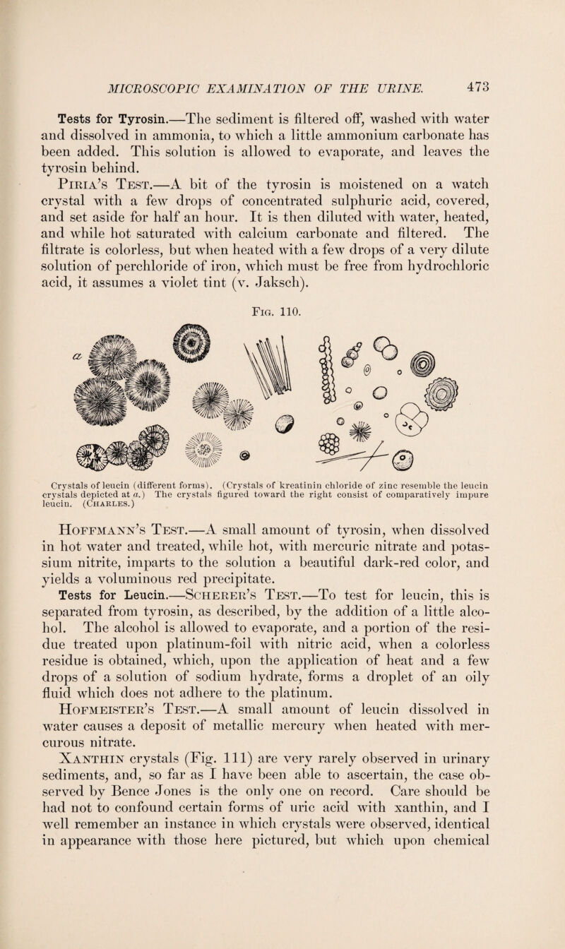 Tests for Tyrosin.—The sediment is filtered off, washed with water and dissolved in ammonia, to which a little ammonium carbonate has been added. This solution is allowed to evaporate, and leaves the tyrosin behind. Piria’s Test.—A bit of the tyrosin is moistened on a watch crystal with a few drops of concentrated sulphuric acid, covered, and set aside for half an hour. It is then diluted with water, heated, and while hot saturated with calcium carbonate and filtered. The filtrate is colorless, but when heated with a few drops of a very dilute solution of perchloride of iron, which must be free from hydrochloric acid, it assumes a violet tint (v. Jaksch). Fig. 110. Crystals of leucin (different forms). (Crystals of kreatinin chloride of zinc resemble the leucin crystals depicted at a.) The crystals figured toward the right consist of comparatively impure leucin. (Charles.) Hoffmann’s Test.—A small amount of tyrosin, when dissolved in hot water and treated, while hot, with mercuric nitrate and potas¬ sium nitrite, imparts to the solution a beautiful dark-red color, and yields a voluminous red precipitate. Tests for Leucin.—Scherer’s Test.—To test for leucin, this is separated from tyrosin, as described, by the addition of a little alco¬ hol. The alcohol is allowed to evaporate, and a portion of the resi¬ due treated upon platinum-foil with nitric acid, when a colorless residue is obtained, which, upon the application of heat and a few drops of a solution of sodium hydrate, forms a droplet of an oily fluid which does not adhere to the platinum. Hofmeister’s Test.—A small amount of leucin dissolved in water causes a deposit of metallic mercury when heated with mer¬ curous nitrate. Xanthin crystals (Fig. Ill) are very rarely observed in urinary sediments, and, so far as I have been able to ascertain, the case ob¬ served by Bence Jones is the only one on record. Care should be had not to confound certain forms of uric acid with xanthin, and I well remember an instance in ivhich crystals were observed, identical in appearance with those here pictured, but which upon chemical