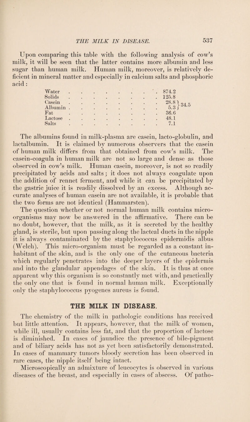 Upon comparing this table with the following analysis of cow’s milk, it will be seen that the latter contains more albumin and less sugar than human milk. Human milk, moreover, is relatively de¬ ficient in mineral matter and especially in calcium salts and phosphoric acid : Water Solids Casein Albumin Fat Lactose Salts 874.2 125.8 li}34-5 36.6 48.1 7.1 The albumins found in milk-plasma are casein, lacto-globulin, and lactalbumin. It is claimed by numerous observers that the casein of human milk differs from that obtained from cow’s milk. The casein-coagula in human milk are not so large and dense as those observed in cow’s milk. Human casein, moreover, is not so readily precipitated by acids and salts; it does not always coagulate upon the addition of rennet ferment, and while it can be precipitated by the gastric juice it is readily dissolved by an excess. Although ac¬ curate analyses of human casein are not available, it is probable that the two forms are not identical (Hammarsten). The question whether or not normal human milk contains micro¬ organisms may now be answered in the affirmative. There can be no doubt, however, that the milk, as it is secreted by the healthy gland, is sterile, but upon passing along the lacteal ducts in the nipple it is always contaminated by the staphylococcus epidermidis albus (Welch). This micro-organism must be regarded as a constant in¬ habitant of the skin, and is the only one of the cutaneous bacteria which regularly penetrates into the deeper layers of the epidermis and into the glandular appendages of the skin. It is thus at once apparent why this organism is so constantly met with, and practically the only one that is found in normal human milk. Exceptionally only the staphylococcus pyogenes aureus is found. THE MILK IN DISEASE. The chemistry of the milk in pathologic conditions has received but little attention. It appears, however, that the milk of women, while ill, usually contains less fat, and that the proportion of lactose is diminished. In cases of jaundice the presence of bile-pigment acids has not as yet been In cases of mammary tumors bloody secretion has been observed in rare cases, the nipple itself being intact. Microscopically an admixture of leucocytes is observed in various diseases of the breast, and especially in cases of abscess. Of patho- and of biliary satisfactorily demonstrated.