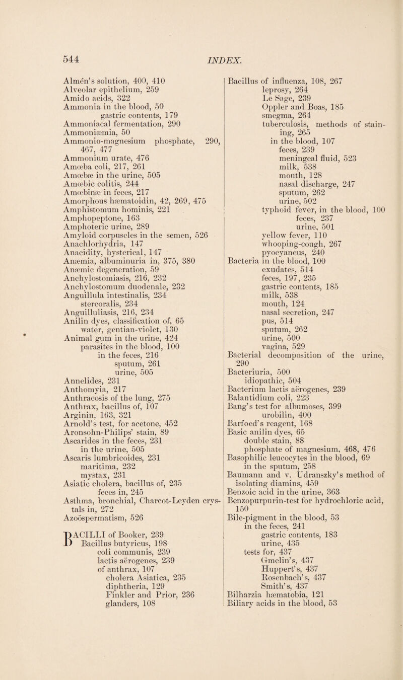 Almen’s solution, 400, 410 Alveolar epithelium, 259 Amido acids, 322 Ammonia in the blood, 50 gastric contents, 179 Ammoniacal fermentation, 290 Ammonisemia, 50 Ammonio-magnesium phosphate, 290, 467, 477 Ammonium urate, 476 Amoeba coli, 217, 261 Amoebic in the urine, 505 Amoebic colitis, 244 Amoebinse in feces, 217 Amorphous hsematoidin, 42, 269, 475 Amphistomum hominis, 221 Ampliopeptone, 163 Amphoteric urine, 289 Amyloid corpuscles in the semen, 526 Anachlorhydria, 147 Anacidity, hysterical, 147 Anaemia, albuminuria in, 375, 380 Anaemic degeneration, 59 Anchylostomiasis, 216, 232 Anchylostomum duodenale, 232 Anguillula intestinalis, 234 stercoralis, 234 Anguilluliasis, 216, 234 Anilin dyes, classification of, 65 water, gentian-violet, 130 Animal gum in the urine, 424 parasites in the blood, 100 in the feces, 216 sputum, 261 urine, 505 Annelides, 231 Anthomyia, 217 Anthracosis of the lung, 275 Anthrax, bacillus of, 107 Arginin, 163, 321 Arnold’s test, for acetone, 452 Aronsohn-Philips’ stain, 89 Ascarides in the feces, 231 in the urine, 505 Ascaris lumbricoides, 231 maritima, 232 mystax, 231 Asiatic cholera, bacillus of, 235 feces in, 245 Asthma, bronchial, Charcot-Leyden crys¬ tals in, 272 Azoospermatism, 526 BACILLI of Booker, 239 Bacillus butyricus, 198 coli communis, 239 lactis aerogenes, 239 of anthrax, 107 cholera Asiatica, 235 diphtheria, 129 Finkler and Prior, 236 glanders, 108 Bacillus of influenza, 108, 267 leprosy, 264 Le Sage, 239 Oppler and Boas, 185 smegma, 264 tuberculosis, methods of stain¬ ing, 265 in the blood, 107 feces, 239 meningeal fluid, 523 milk, 538 mouth, 128 nasal discharge, 247 sputum, 262 urine, 502 typhoid fever, in the blood, 100 feces, 237 urine, 501 yellow fever, 110 whooping-cough, 267 pyocyaneus, 240 Bacteria in the blood, 100 exudates, 514 feces, 197, 235 gastric contents, 185 milk, 538 mouth, 124 nasal secretion, 247 pus, 514 sputum, 262 urine, 500 vagina, 529 Bacterial decomposition of the urine, 290 Bacteriuria, 500 idiopathic, 504 Bacterium lactis aerogenes, 239 Balantidium coli, 223 Bang’s test for albumoses, 399 urobilin, 400 Barfoed’s reagent, 168 Basic anilin dyes, 65 double stain, 88 phosphate of magnesium, 468, 476 Basophilic leucocytes in the blood, 69 in the sputum, 258 Baumann and v. Udranszky’s method of isolating diamins, 459 Benzoic acid in the urine, 363 Benzopurpurin-test for hydrochloric acid, 150 Bile-pigment in the blood, 53 in the feces, 241 gastric contents, 183 urine, 435 tests for, 437 Gmelin’s, 437 Huppert’s, 437 Bosenbach’s, 437 > Smith’s, 437 Bilharzia hsematobia, 121 Biliary acids in the blood, 53