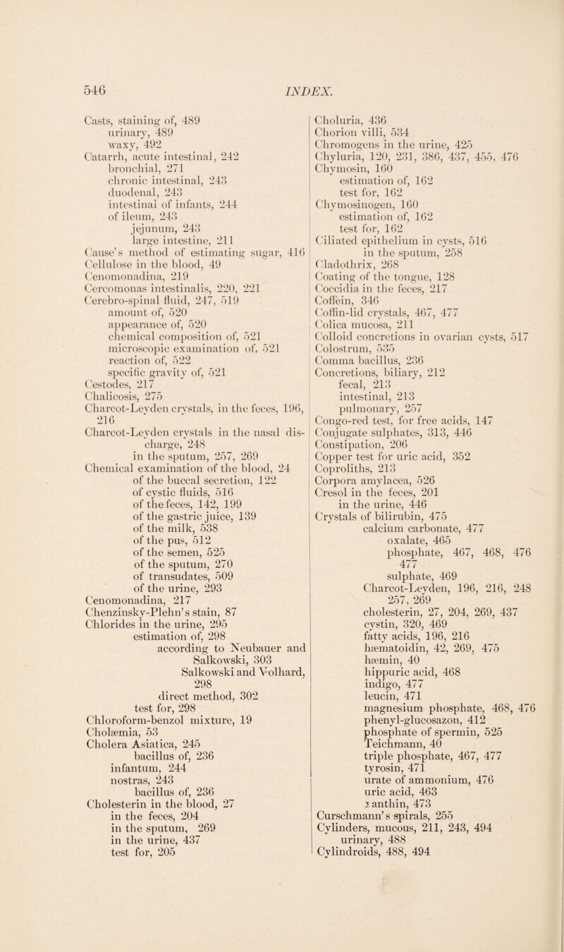 Casts, staining of, 489 urinary, 489 waxy, 492 Catarrh, acute intestinal, 242 bronchial, 271 chronic intestinal, 243 duodenal, 243 intestinal of infants, 244 of ileum, 243 jejunum, 243 large intestine, 211 Cause’s method of estimating sugar, 416 Cellulose in the blood, 49 Cenomonadina, 219 Cercomonas intestinalis, 220, 221 Cerebro-spinal fluid, 247, 519 amount of, 520 appearance of, 520 chemical composition of, 521 microscopic examination of, 521 reaction of, 522 specific gravity of, 521 Cestodes, 217 Chalicosis, 275 Charcot-Ley den crystals, in the feces, 196, 216 Charcot-Leyden crystals in the nasal dis¬ charge, 248 in the sputum, 257, 269 Chemical examination of the blood, 24 of the buccal secretion, 122 of cystic fluids, 516 of t he feces, 142, 199 of the gastric juice, 139 of the milk, 538 of the pus, 512 of the semen, 525 of the sputum, 270 of transudates, 509 of the urine, 293 Cenomonadina, 217 Chenzinsky-Plehn’s stain, 87 Chlorides in the urine, 295 estimation of, 298 according to Neubauer and Salkowski, 303 Salkowski and Volhard, 298 direct method, 302 test for, 298 Chloroform-benzol mixture, 19 Cholaemia, 53 Cholera Asiatica, 245 bacillus of, 236 infantum, 244 nostras, 243 bacillus of, 236 Cholesterin in the blood, 27 in the feces, 204 in the sputum, 269 in the urine, 437 test for, 205 Choluria, 436 Chorion villi, 534 Chromogens in the urine, 425 Chyluria, 120, 231, 386, 437, 455, 476 Chymosin, 160 estimation of, 162 test for, 162 Chymosinogen, 160 estimation of, 162 test for, 162 Ciliated epithelium in cysts, 516 in the sputum, 258 Cladothrix, 268 Coating of the tongue, 128 Coccidia in the feces, 217 Coflein, 346 Coffin-lid crystals, 467, 477 Colica mucosa, 211 Colloid concretions in ovarian cysts, 517 Colostrum, 535 Comma bacillus, 236 Concretions, biliary, 212 fecal, 213 intestinal, 213 pulmonary, 257 Congo-red test, for free acids, 147 Conjugate sulphates, 313, 446 Constipation, 206 Copper test for uric acid, 352 Coproliths, 213 Corpora amylacea, 526 Cresol in the feces, 201 in the urine, 446 Crystals of bilirubin, 475 calcium carbonate, 477 oxalate, 465 phosphate, 467, 468, 476 477 sulphate, 469 Charcot-Leyden, 196, 216, 248 257, 269 cholesterin, 27, 204, 269, 437 cystin, 320, 469 fatty acids, 196, 216 heematoidin, 42, 269, 475 liaemin, 40 hippuric acid, 468 indigo, 477 leucin, 471 magnesium phosphate, 468, 476 phenyl-glucosazon, 412 phosphate of spermin, 525 Teichmann, 40 triple phosphate, 467, 477 tyrosin, 471 urate of ammonium, 476 uric acid, 463 i an thin, 473 Curschmann’s spirals, 255 Cylinders, mucous, 211, 243, 494 urinary, 488 Cylindroids, 488, 494