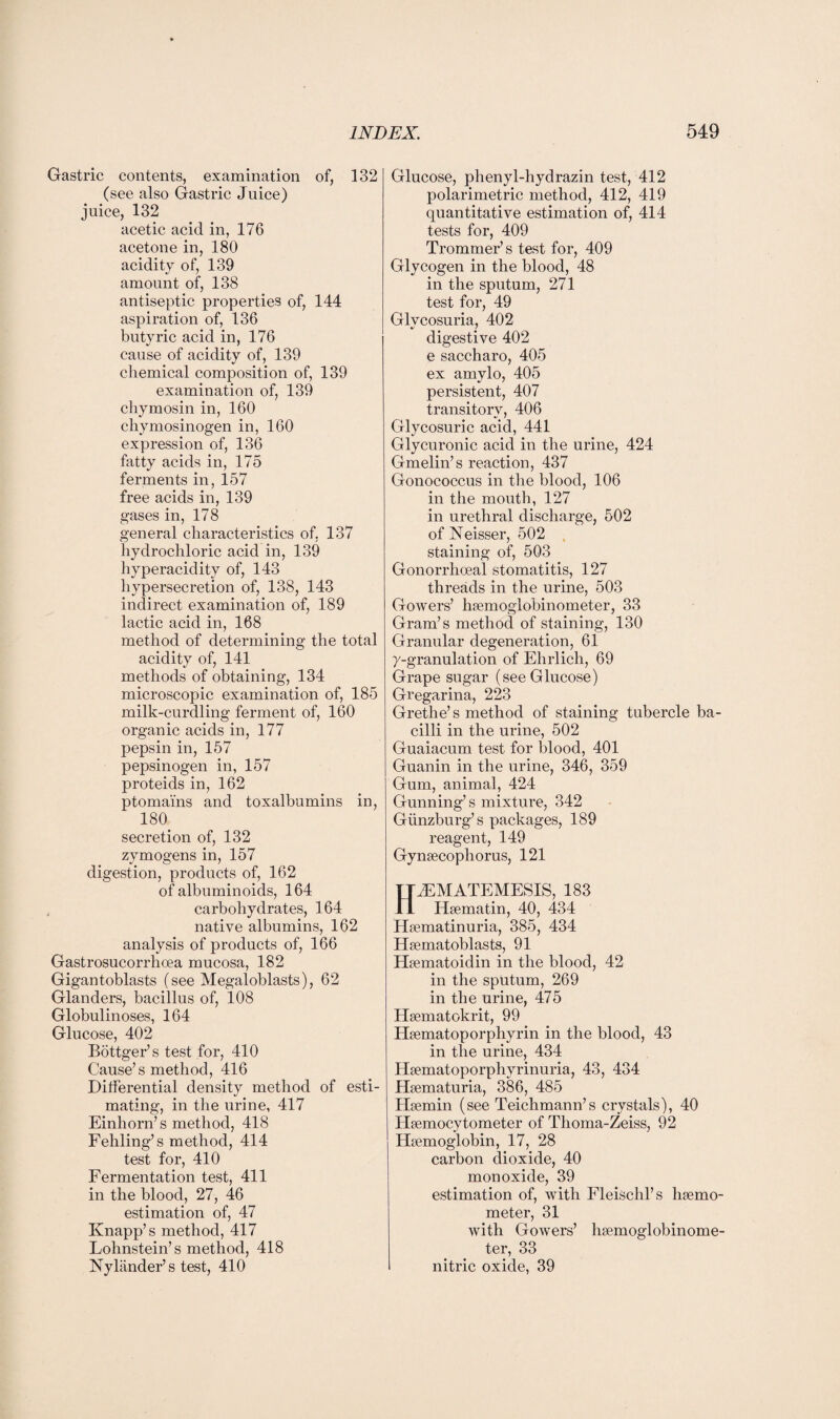 Gastric contents, examination of, 132 (see also Gastric Juice) juice, 132 acetic acid in, 176 acetone in, 180 acidity of, 139 amount of, 138 antiseptic properties of, 144 aspiration of, 136 butyric acid in, 176 cause of acidity of, 139 chemical composition of, 139 examination of, 139 cliymosin in, 160 chymosinogen in, 160 expression of, 136 fatty acids in, 175 ferments in, 157 free acids in, 139 gases in, 178 general characteristics of, 137 hydrochloric acid in, 139 hyperacidity of, 143 hypersecretion of, 138, 143 indirect examination of, 189 lactic acid in, 168 method of determining the total acidity of, 141 methods of obtaining, 134 microscopic examination of, 185 milk-curdling ferment of, 160 organic acids in, 177 pepsin in, 157 pepsinogen in, 157 proteids in, 162 ptomains and toxalbumins in, 180 secretion of, 132 zymogens in, 157 digestion, products of, 162 of albuminoids, 164 carbohydrates, 164 native albumins, 162 analysis of products of, 166 Gastrosucorrhoea mucosa, 182 Gigantoblasts (see Megaloblasts), 62 Glanders, bacillus of, 108 Globulinoses, 164 Glucose, 402 Bottger’s test for, 410 Cause’s method, 416 Differential density method of esti¬ mating, in the urine, 417 Einhorn’s method, 418 Fehling’s method, 414 test for, 410 Fermentation test, 411 in the blood, 27, 46 estimation of, 47 Knapp’s method, 417 Lohnstein’s method, 418 Nylander’s test, 410 Glucose, phenyl-hydrazin test, 412 polarimetric method, 412, 419 quantitative estimation of, 414 tests for, 409 Trommer’s test for, 409 Glycogen in the blood, 48 in the sputum, 271 test for, 49 Glycosuria, 402 digestive 402 e saccharo, 405 ex amylo, 405 persistent, 407 transitory, 406 Glycosuric acid, 441 Glycuronic acid in the urine, 424 Gmelin’s reaction, 437 Gonococcus in the blood, 106 in the mouth, 127 in urethral discharge, 502 of Neisser, 502 staining of, 503 Gonorrhoeal stomatitis, 127 threads in the urine, 503 Gowers’ liaemoglobinometer, 33 Gram’s method of staining, 130 Granular degeneration, 61 y-granulation of Ehrlich, 69 Grape sugar (see Glucose) Gregarina, 223 Grethe’s method of staining tubercle ba¬ cilli in the urine, 502 Guaiacum test for blood, 401 Guanin in the urine, 346, 359 Gum, animal, 424 Gunning’s mixture, 342 Gunzburg’s packages, 189 reagent, 149 Gynsecophorus, 121 H^MATEMESIS, 183 Hsematin, 40, 434 Hsematinuria, 385, 434 Hsematoblasts, 91 Bhematoidin in the blood, 42 in the sputum, 269 in the urine, 475 Hsematokrit, 99 Ehematoporphyrin in the blood, 43 in the urine, 434 Hsematoporphyrinuria, 43, 434 Hsematuria, 386, 485 Ehemin (see Teichmann’s crystals), 40 Hsemocytometer of Thoma-Zeiss, 92 Haemoglobin, 17, 28 carbon dioxide, 40 monoxide, 39 estimation of, with Fleischl’s lisemo- meter, 31 with Gowers’ hsemoglobinome- ter, 33 nitric oxide, 39